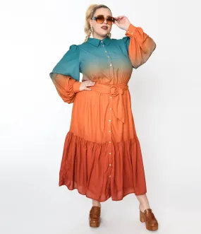 1970s Teal & Rust Gradient Maxi Shirt Dress