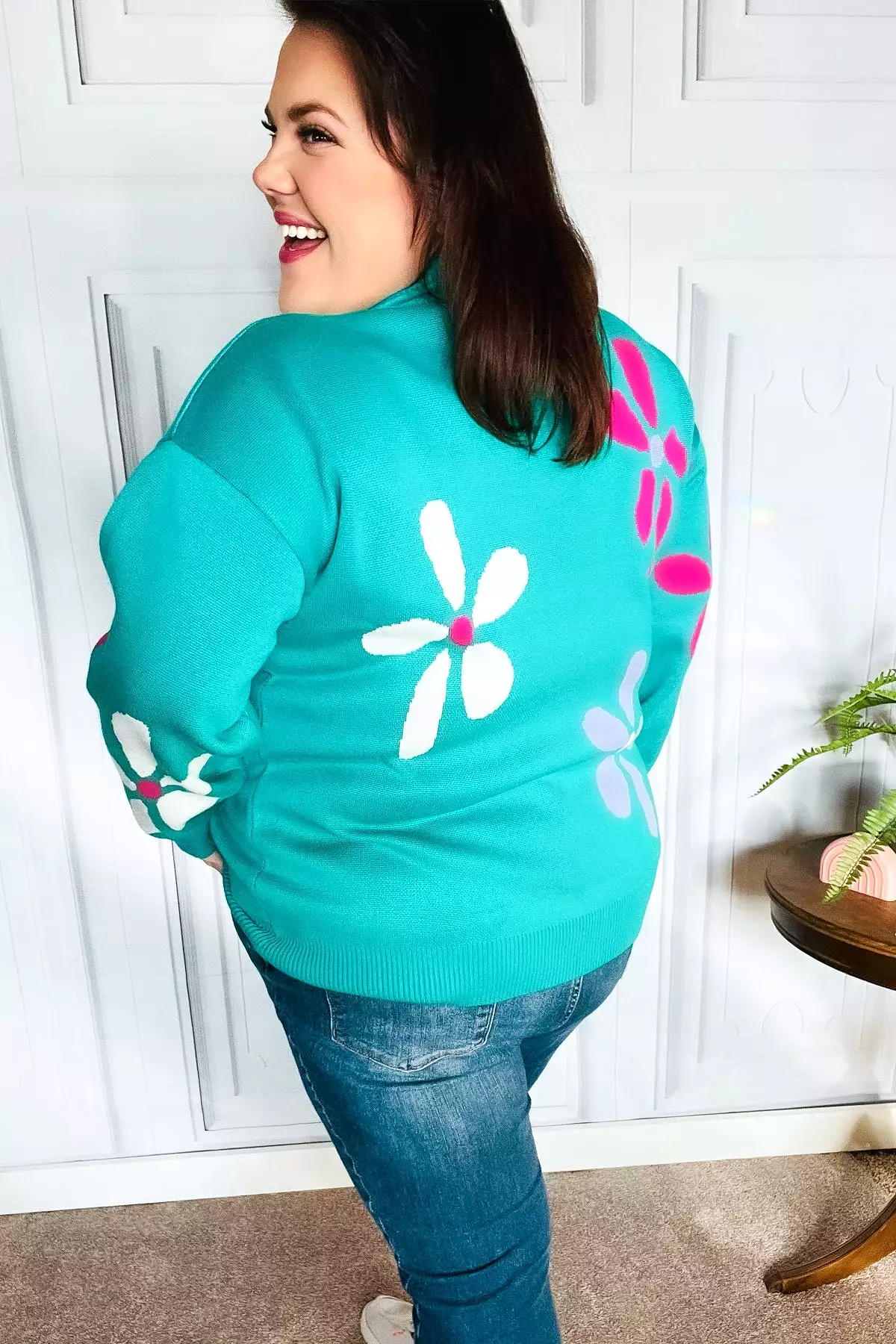 Adorable Turquoise Daisy Flower Jacquard Pullover Sweater