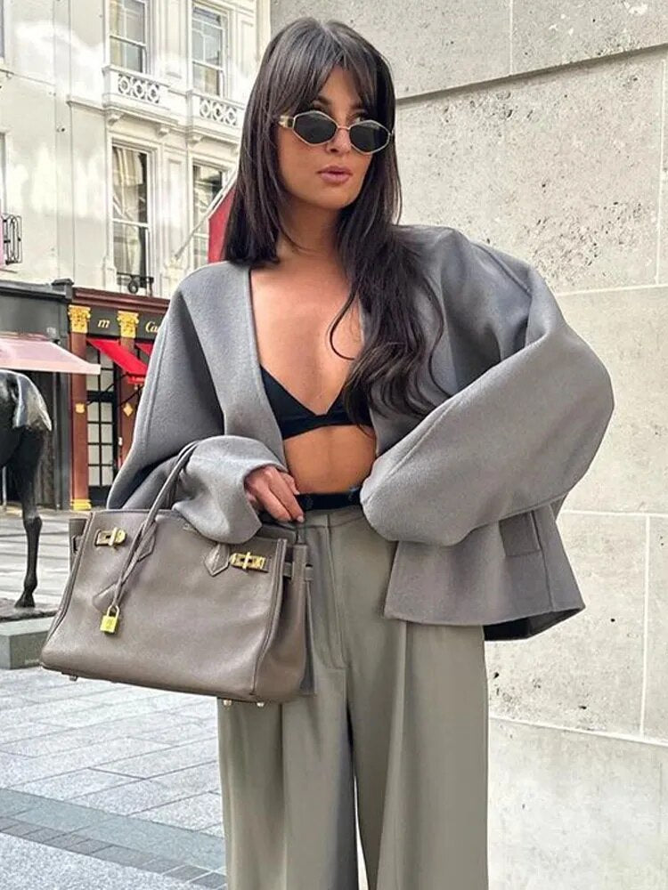 Autumn Women's Grey Cropped Coat Elegant V-neck Single Breasted Long Sleeve Female Coats Winter Female Chic Streetwear Jackets