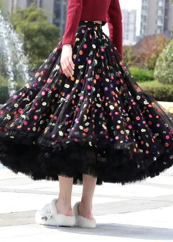 Beautiful Black Embroidered Floral Exra Large Hem Tulle Skirt Spring HA1021