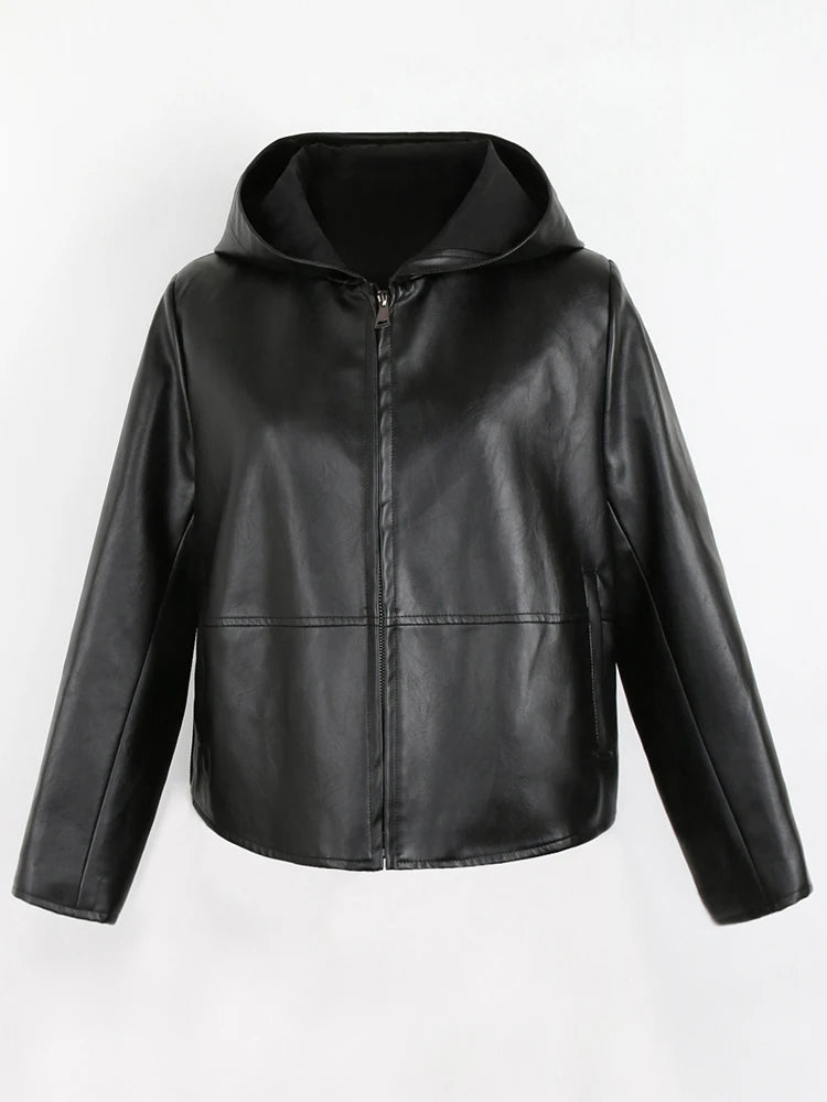 Black Short Soft Light Pu Leather Jacket Women with Hood Zipper