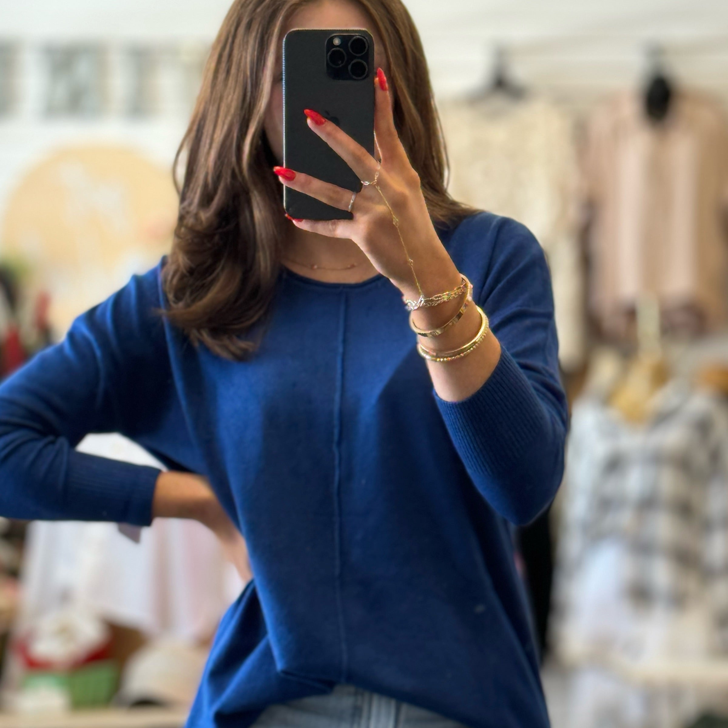 Blue Sky Front Seam Round Neck Sweater Navy