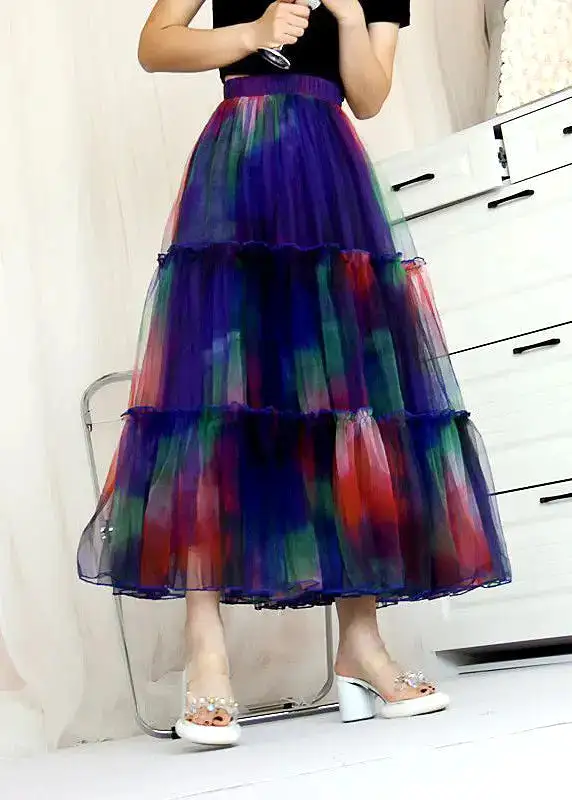 Bohemian Blue Ruffled Tie Dye Tulle Skirt Spring HA1038