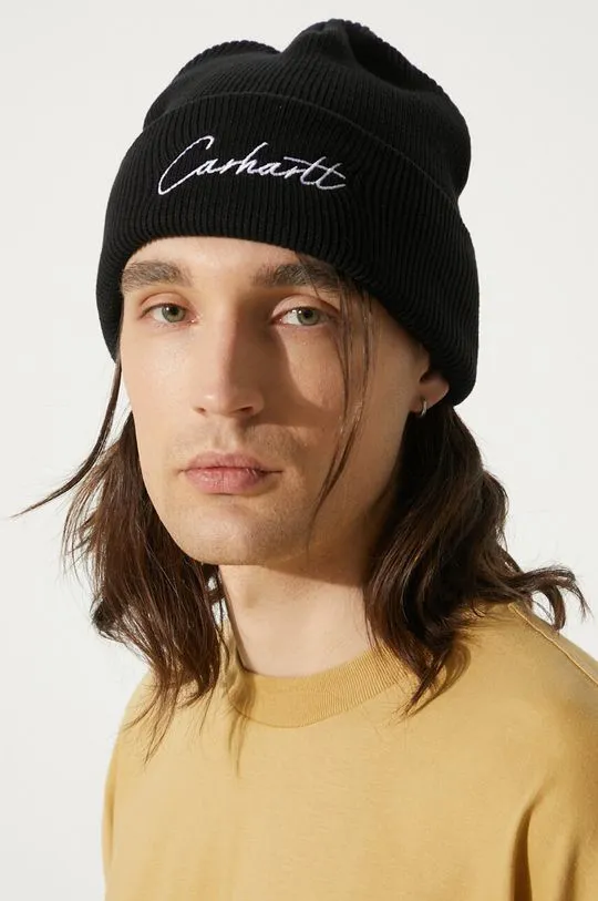 Carhartt WIP cotton beanie Watcher Beanie black color thick knit I033600.0D2XX