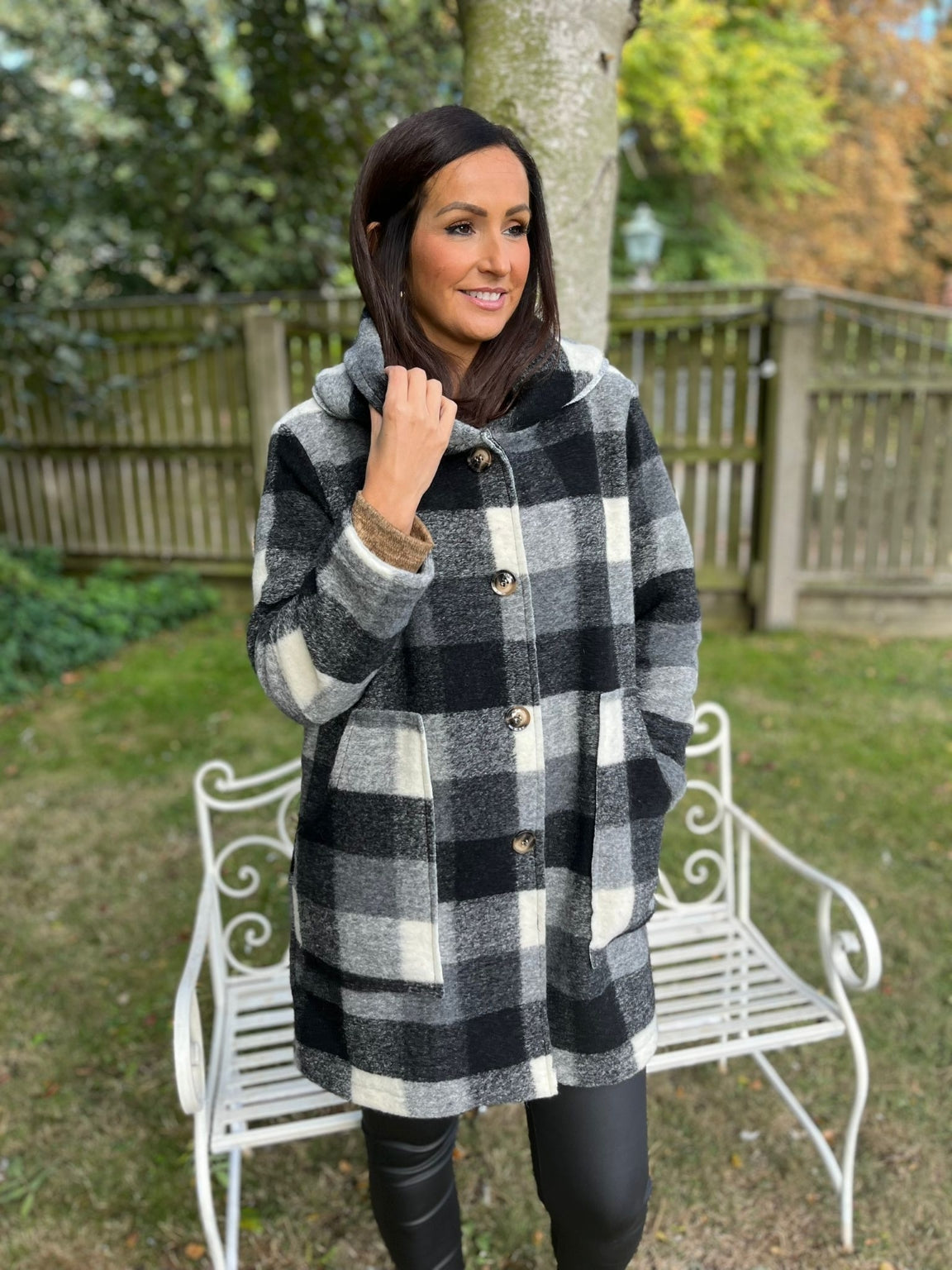 Checked Hooded Coat Amber