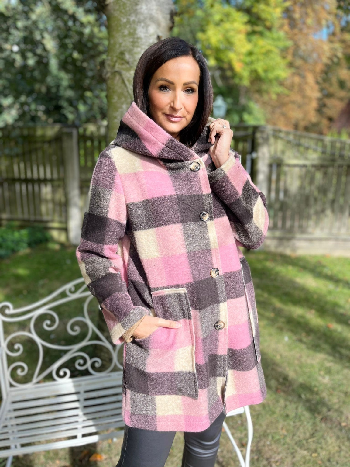 Checked Hooded Coat Amber