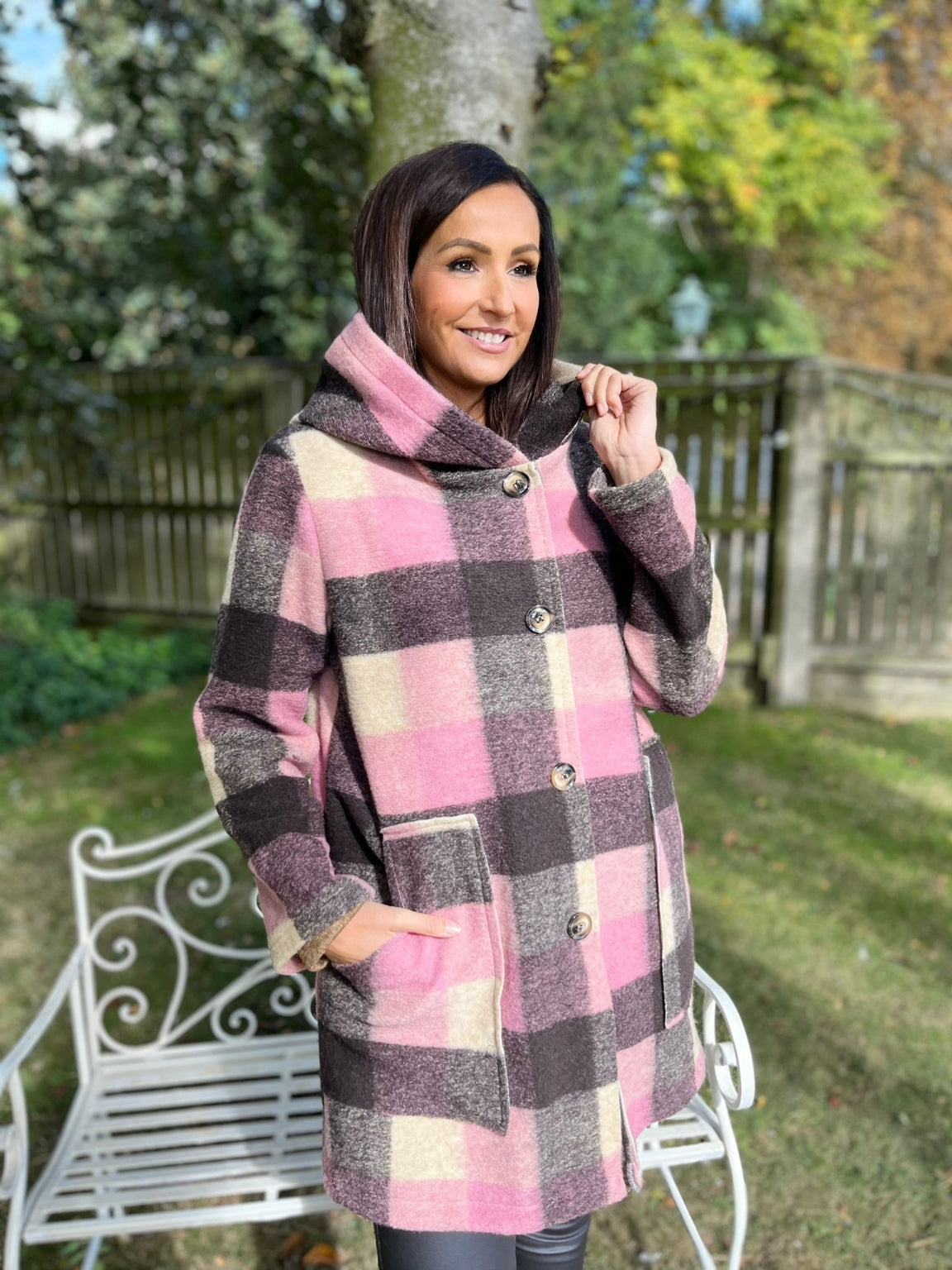 Checked Hooded Coat Amber