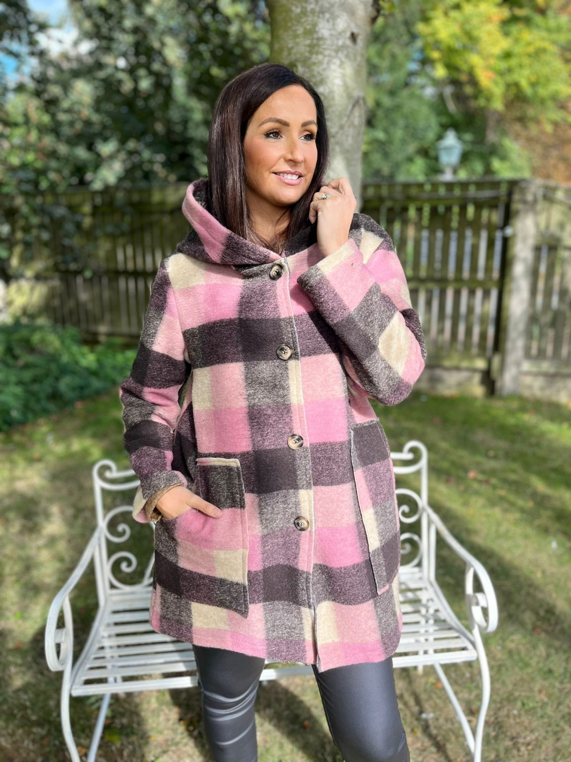 Checked Hooded Coat Amber