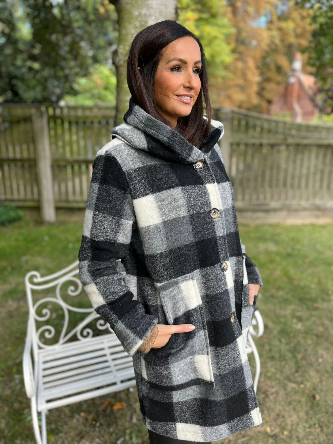 Checked Hooded Coat Amber