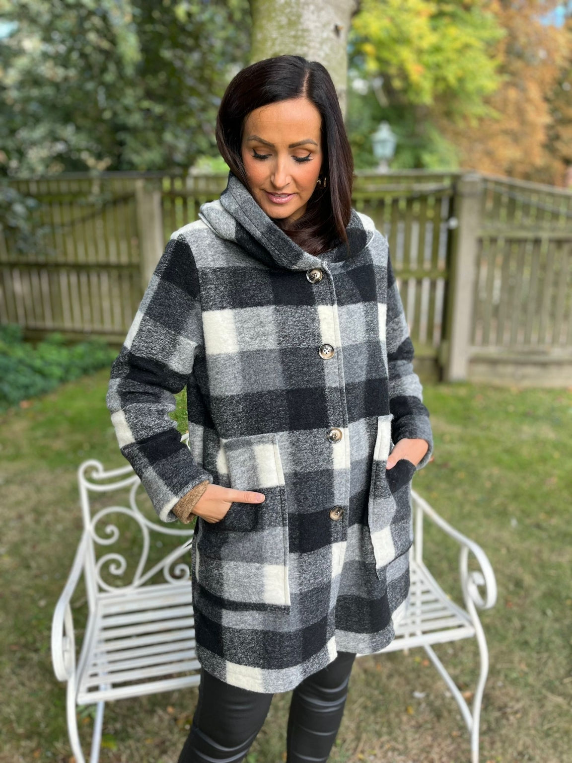 Checked Hooded Coat Amber