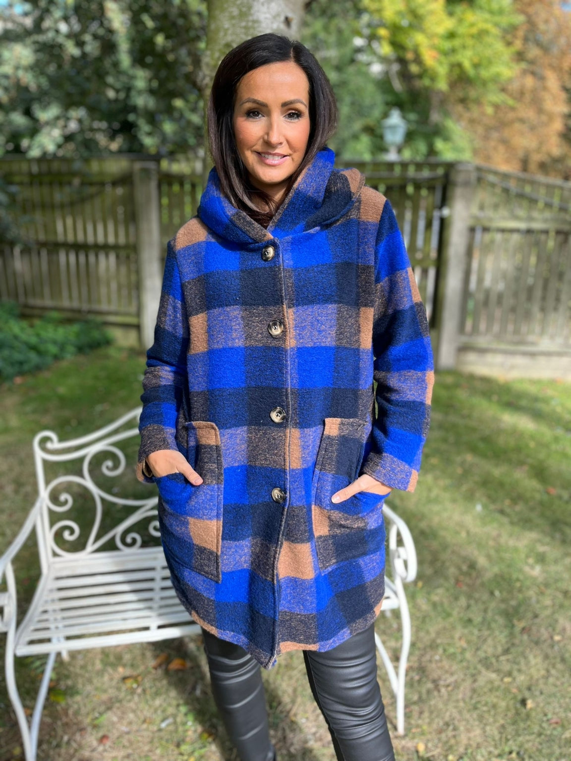 Checked Hooded Coat Amber