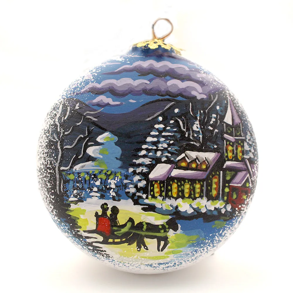 Church with Sleigh on Small Round Ceramic Ornament