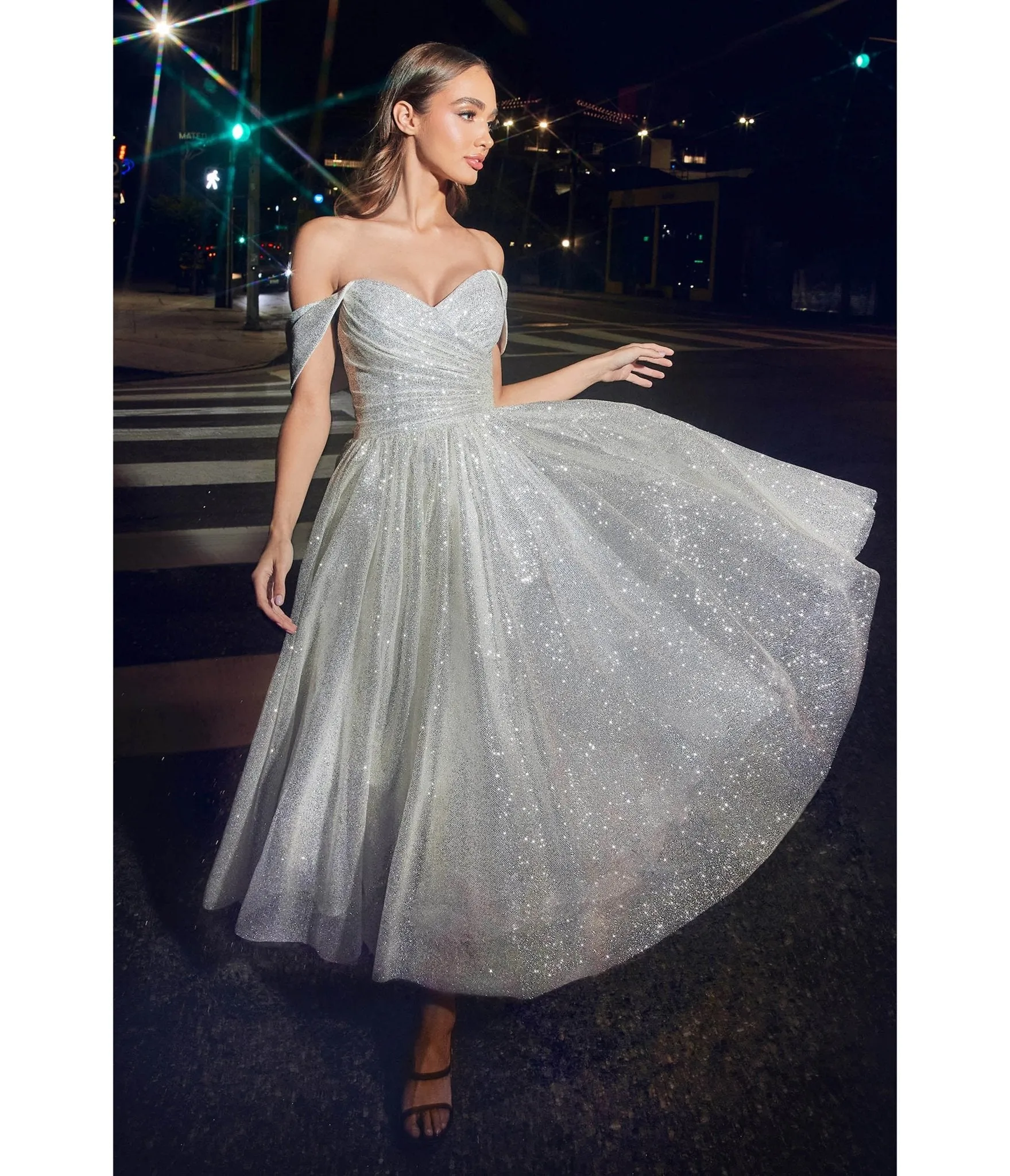 Cinderella Divine Off White Glitter Off The Shoulder Tea Length Gown