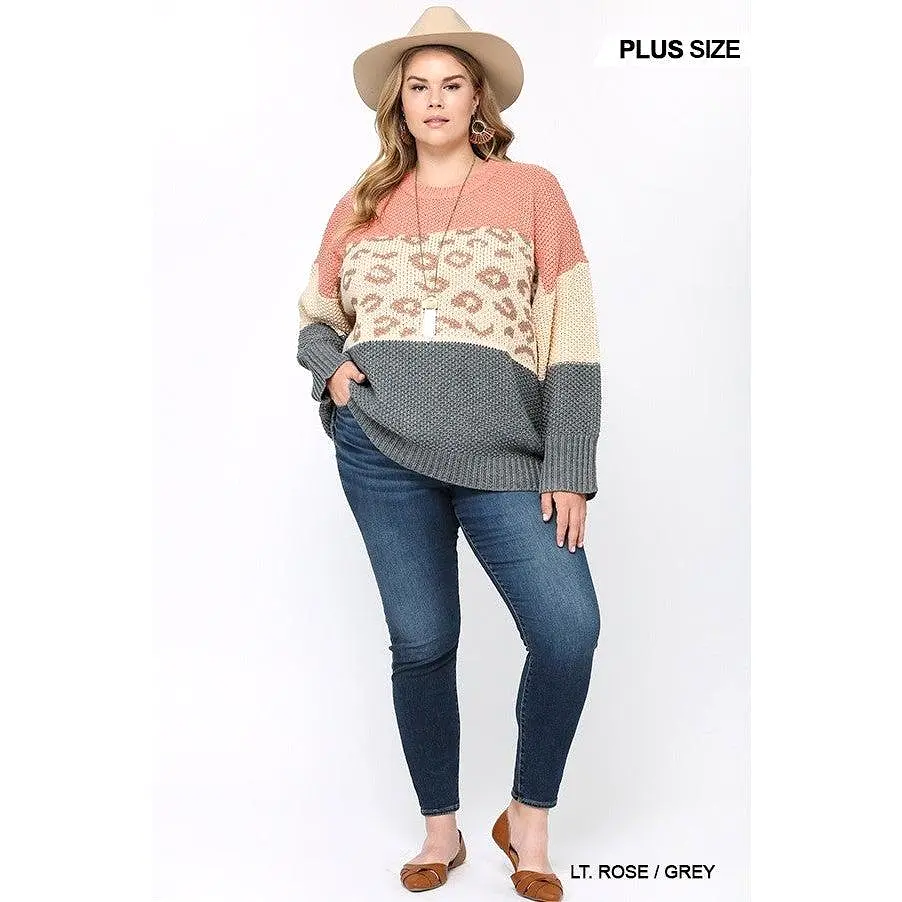 Color Block And Leopard Pattern Mixed Pullover Sweater