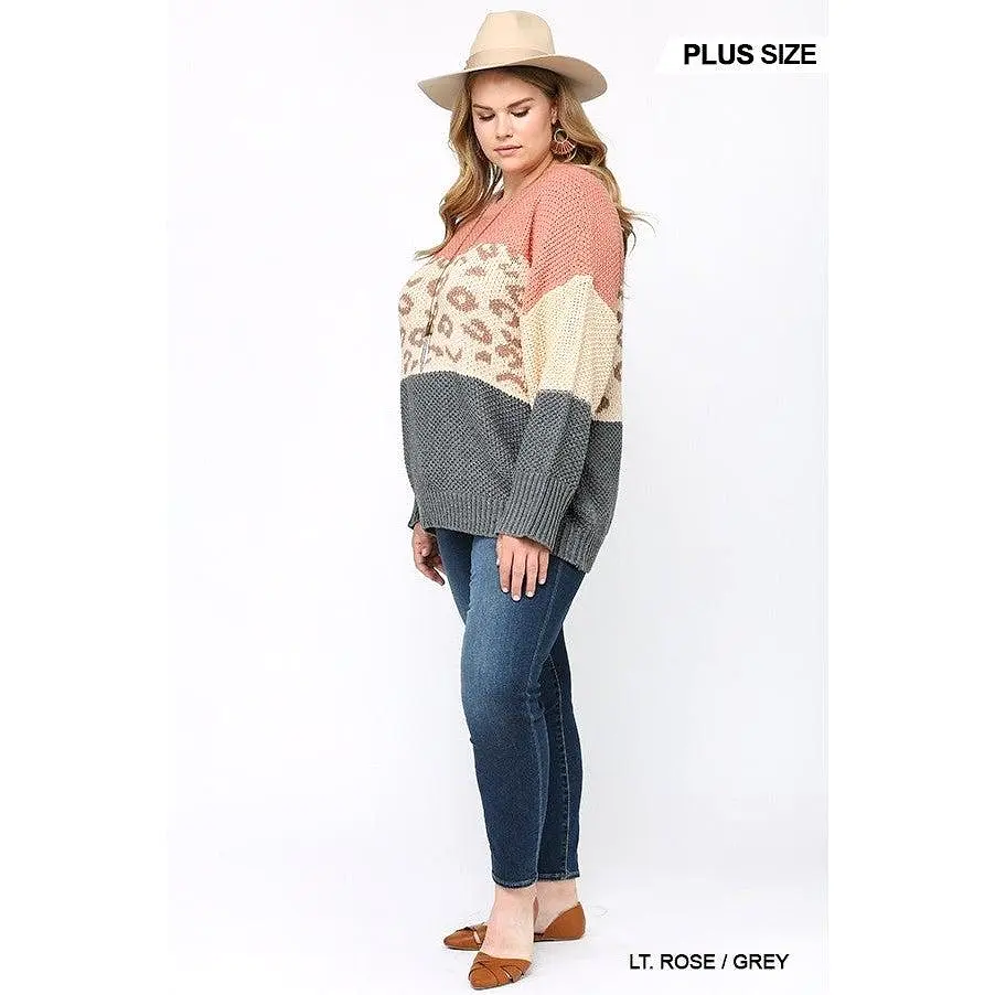 Color Block And Leopard Pattern Mixed Pullover Sweater