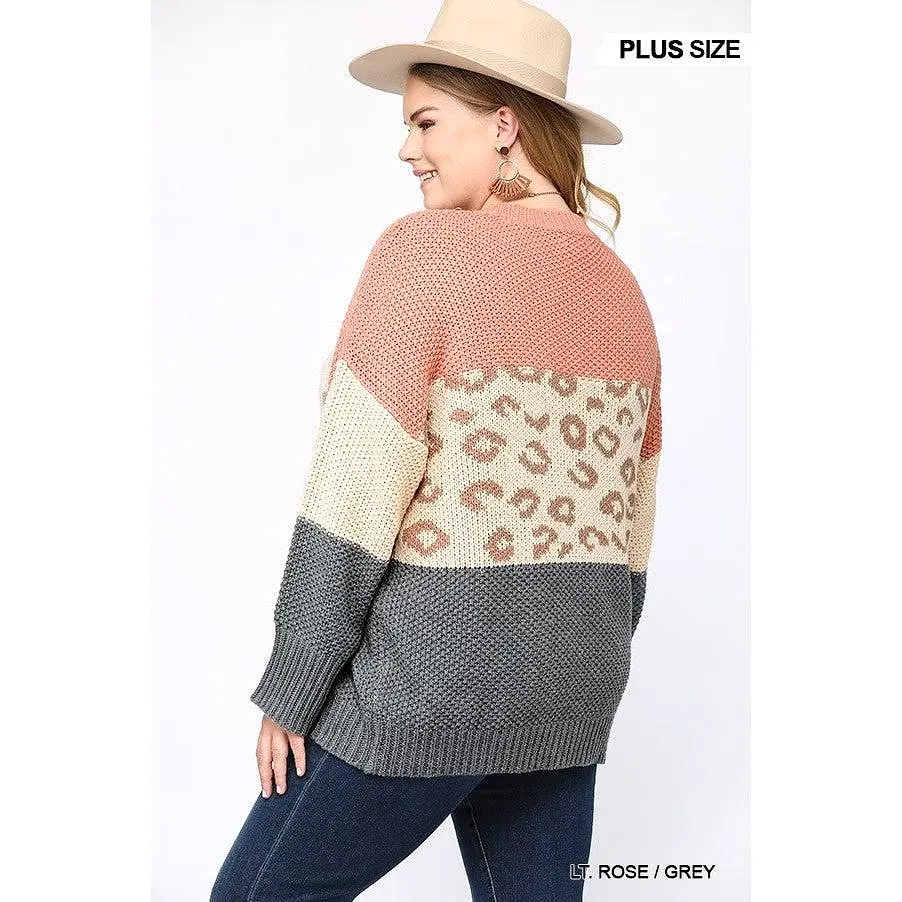 Color Block And Leopard Pattern Mixed Pullover Sweater