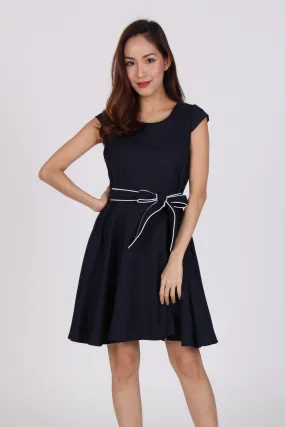 Contrast Waist Tie Cap Sleeve Skater Dress in Navy Blue