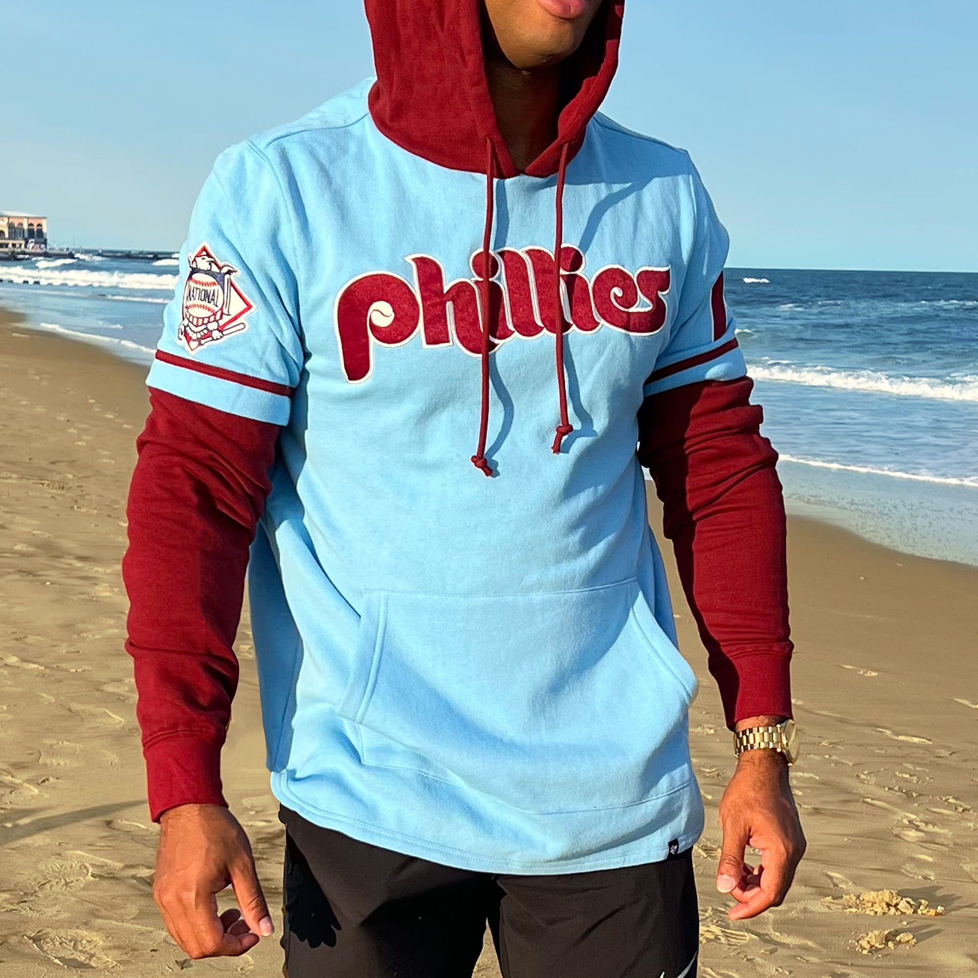 Cooperstown Philadelphia Phillies Wordmark Trifecta Shortstop Layered Hoodie With MLB Side Patch | Carolina Blue And Maroon Pull