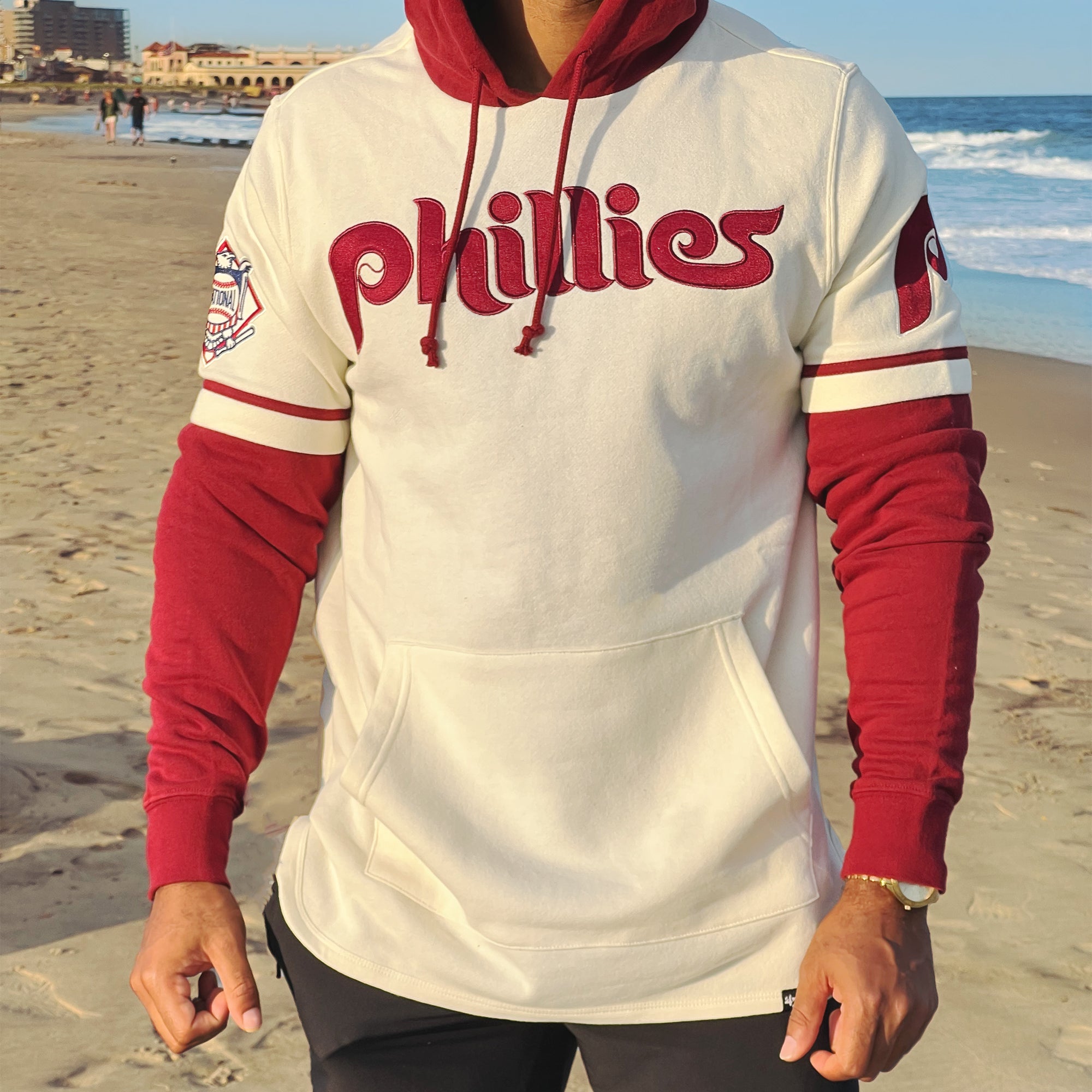 Cooperstown Philadelphia Phillies Wordmark Trifecta Shortstop Layered Hoodie With MLB Side Patch | Cream And Maroon Pullover Hoo