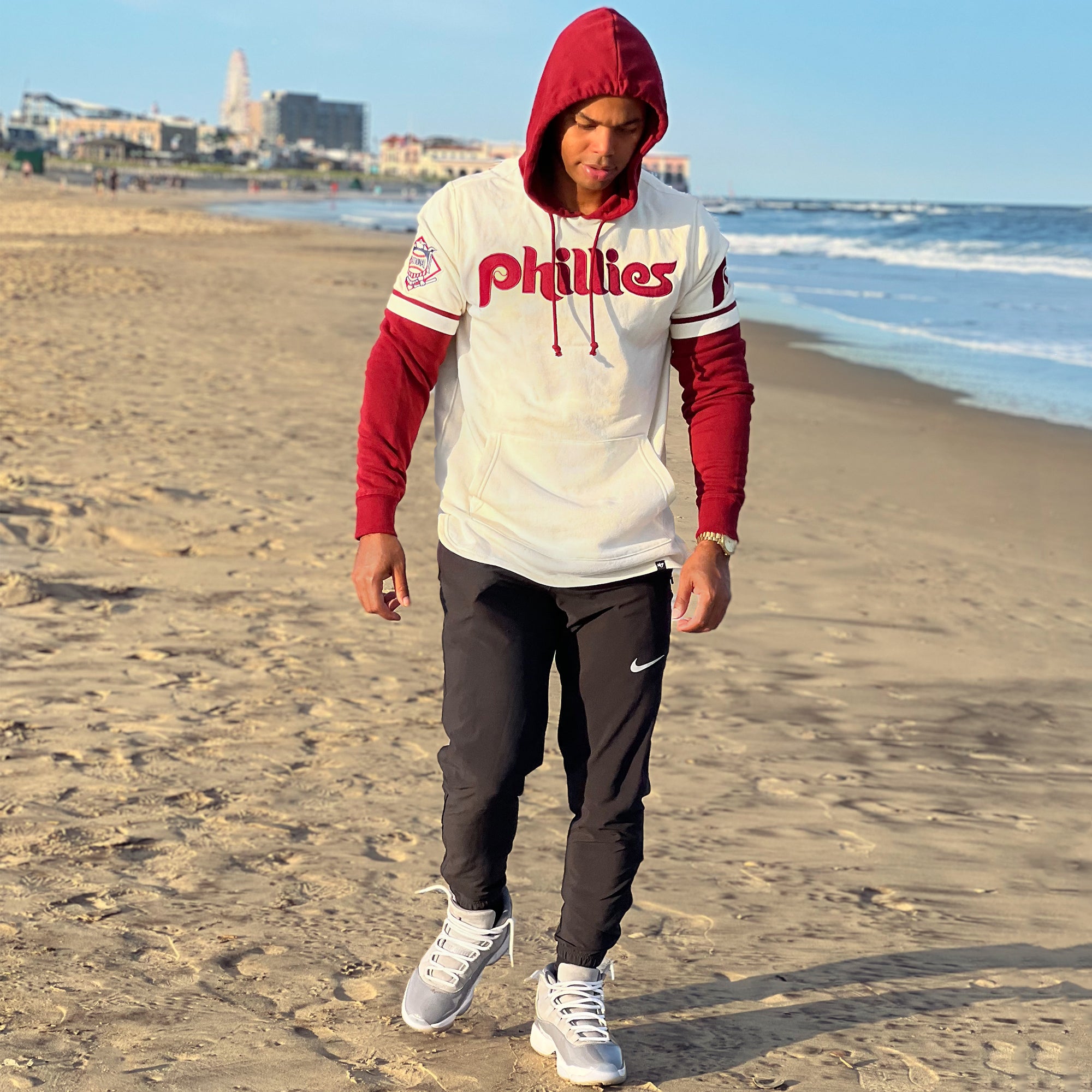 Cooperstown Philadelphia Phillies Wordmark Trifecta Shortstop Layered Hoodie With MLB Side Patch | Cream And Maroon Pullover Hoo