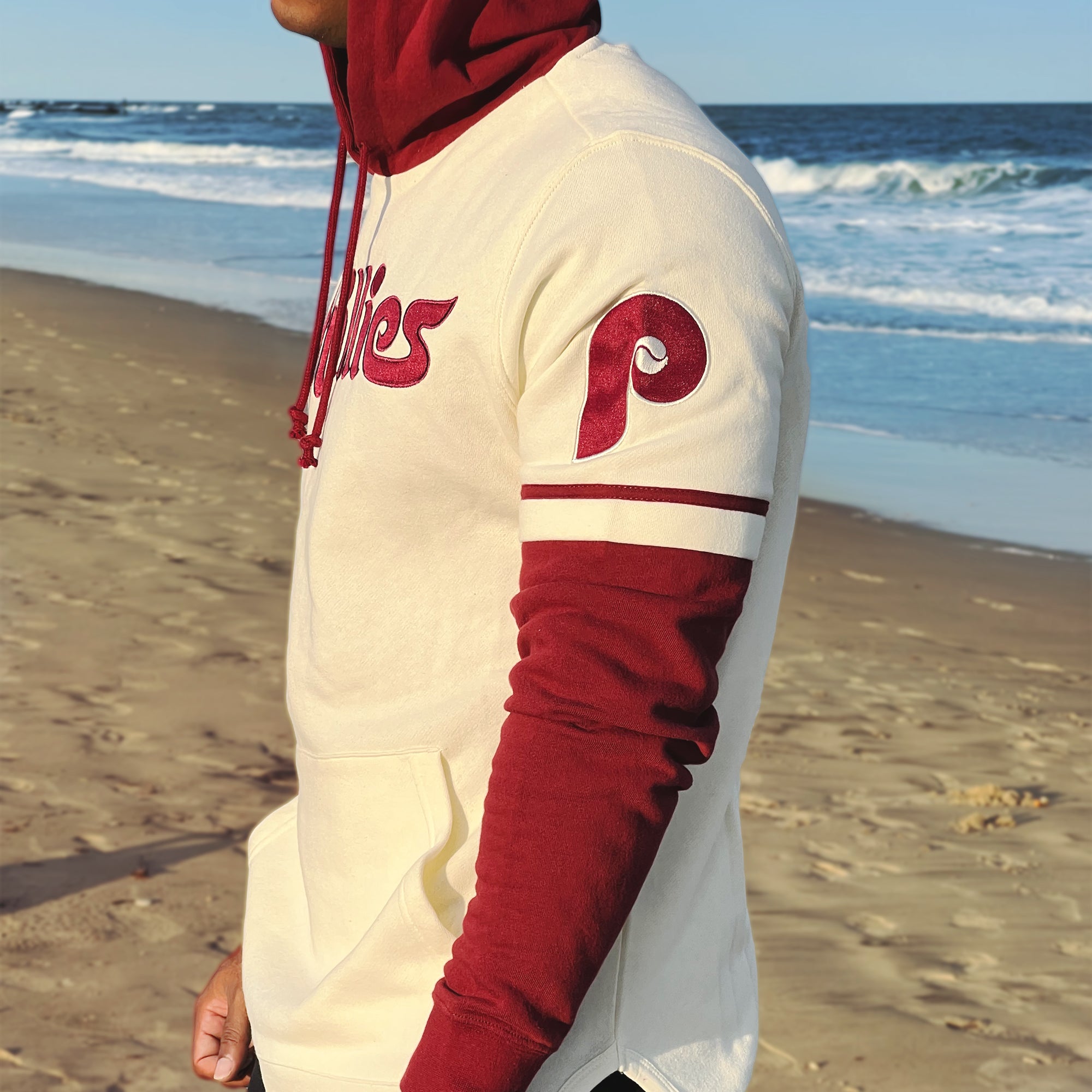 Cooperstown Philadelphia Phillies Wordmark Trifecta Shortstop Layered Hoodie With MLB Side Patch | Cream And Maroon Pullover Hoo