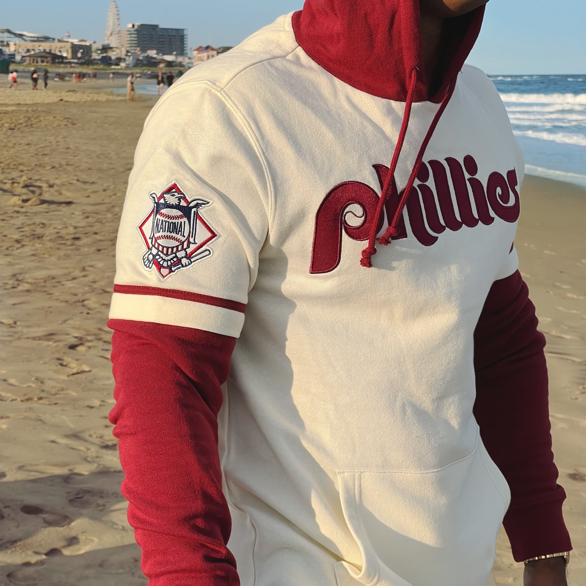 Cooperstown Philadelphia Phillies Wordmark Trifecta Shortstop Layered Hoodie With MLB Side Patch | Cream And Maroon Pullover Hoo