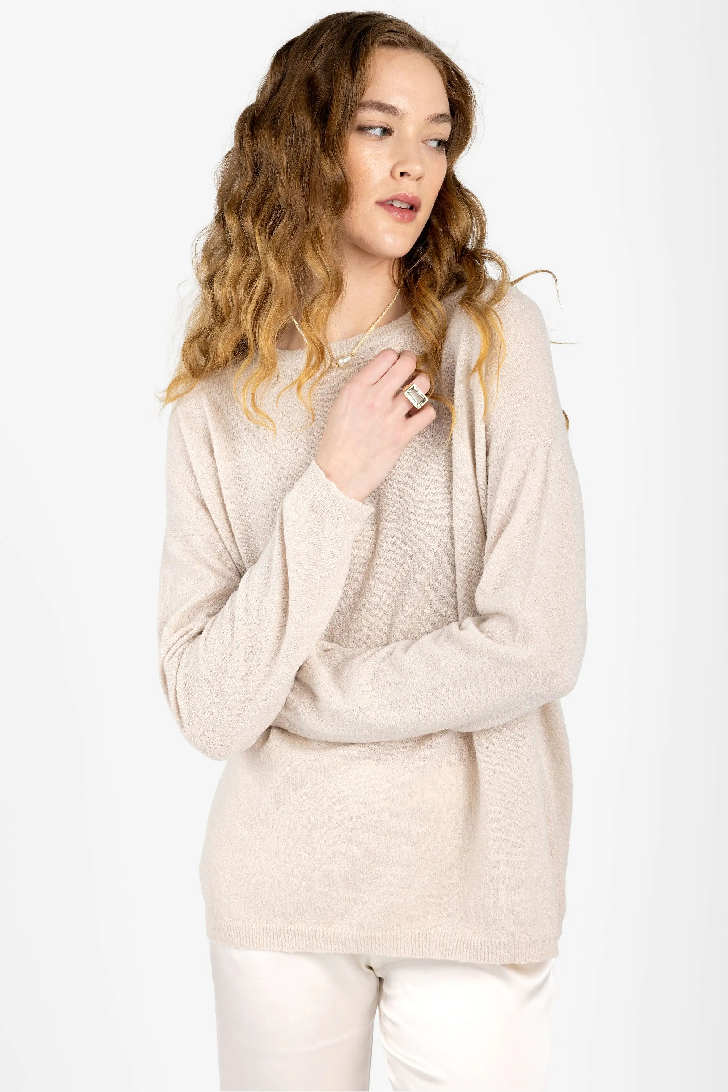 Cotton Silk Crewneck Pullover Sweater in Pearl