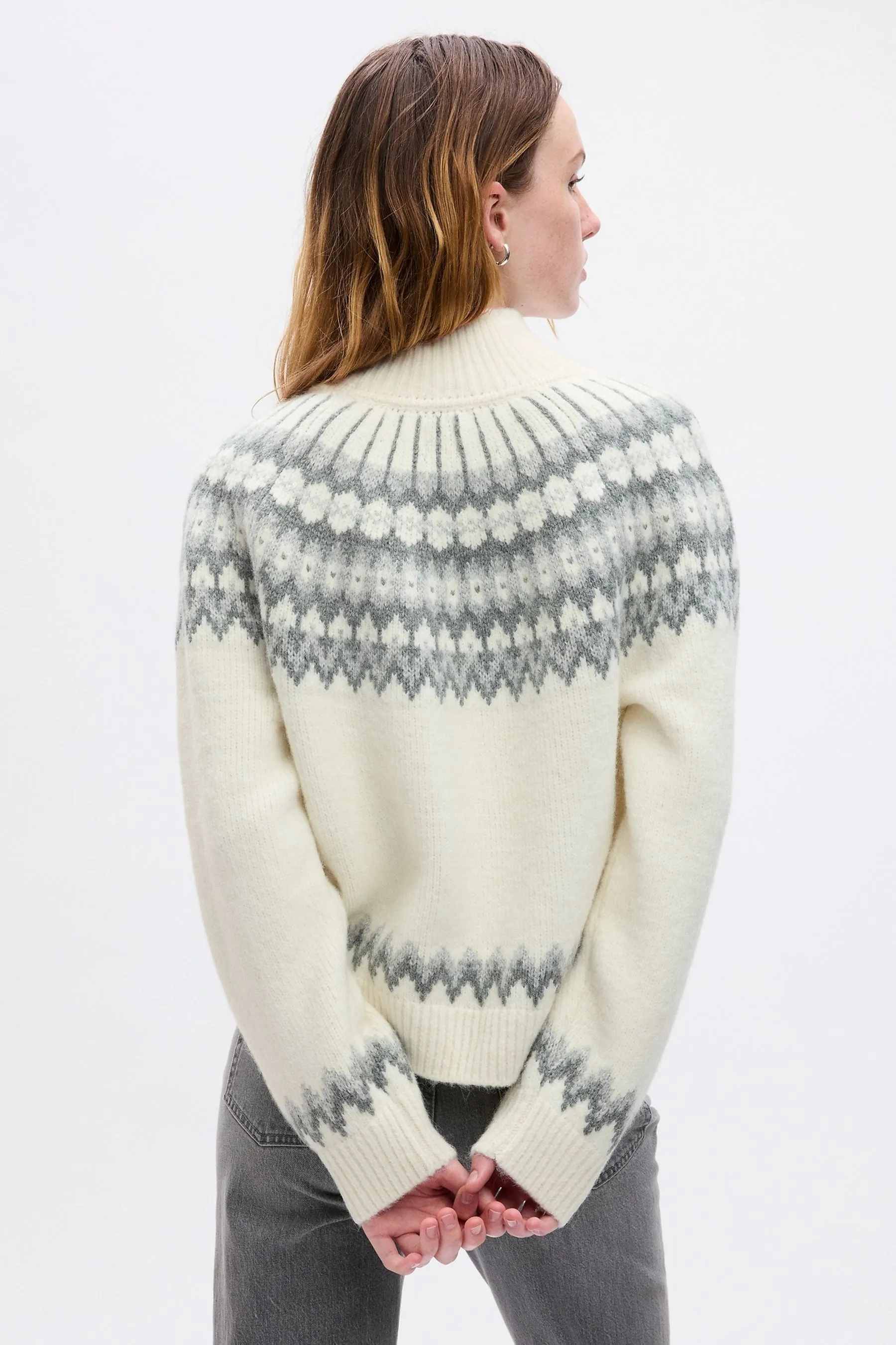 Cream & Grey Fair Isle Knit Mock Neck Jumper