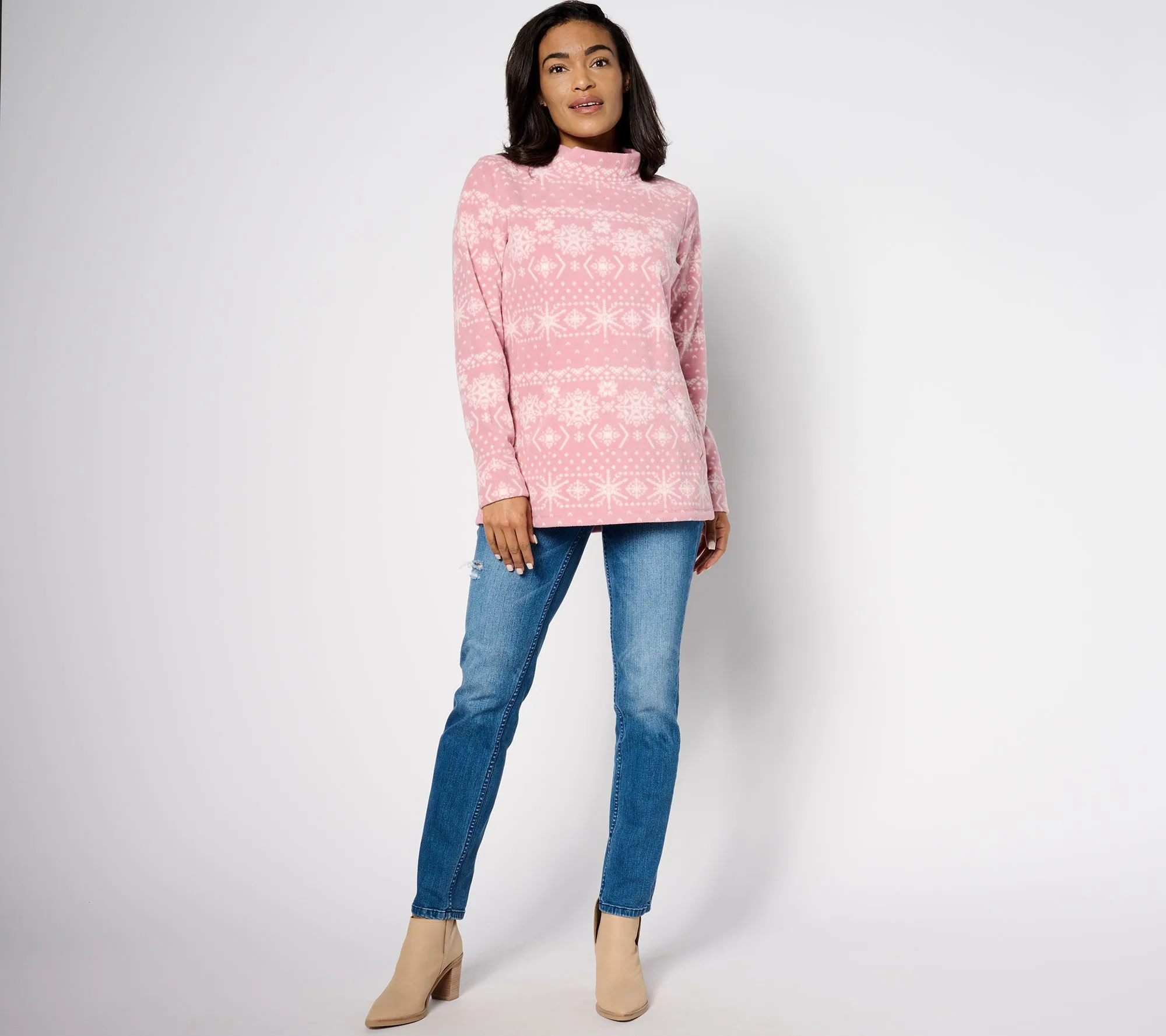 Denim & Co. Petite Printed Fleece Mock Neck Long Sleeve Tunic