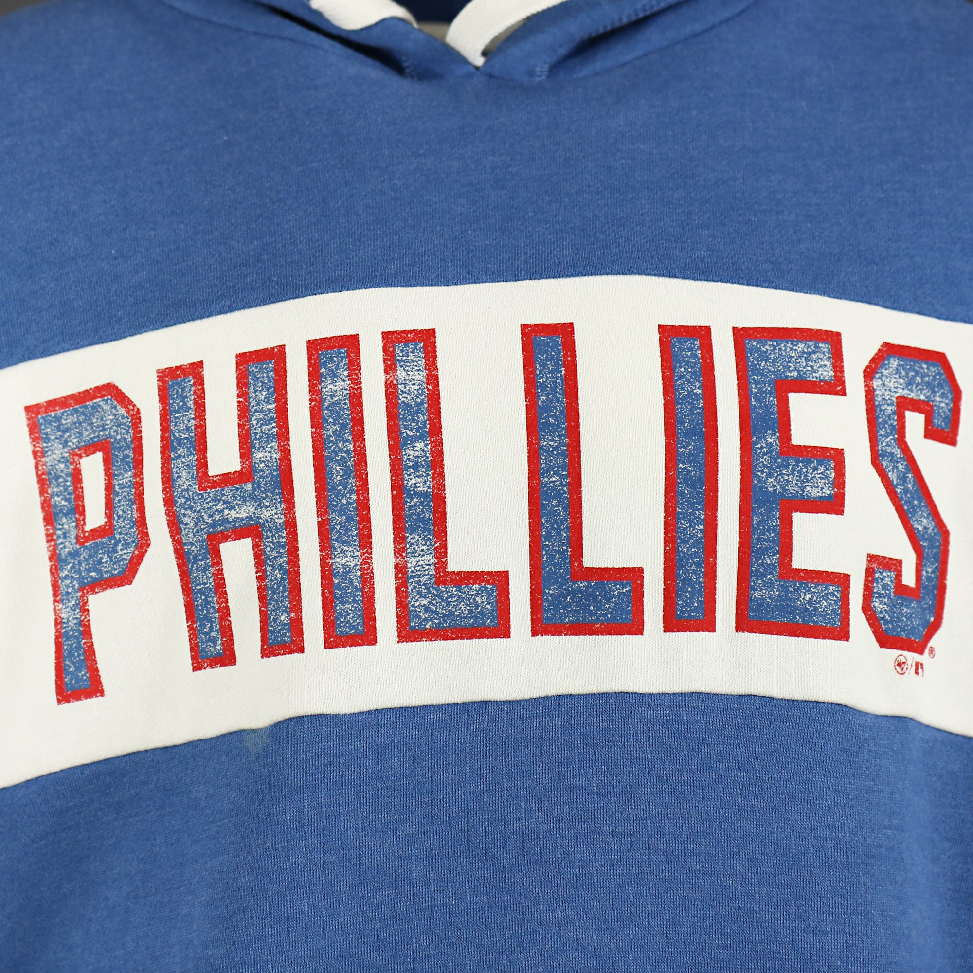 Distressed Philadelphia Phillies Wordmark Pull Over Hoodie With Phillies Logo | Cadet Blue Pullover Hoodie