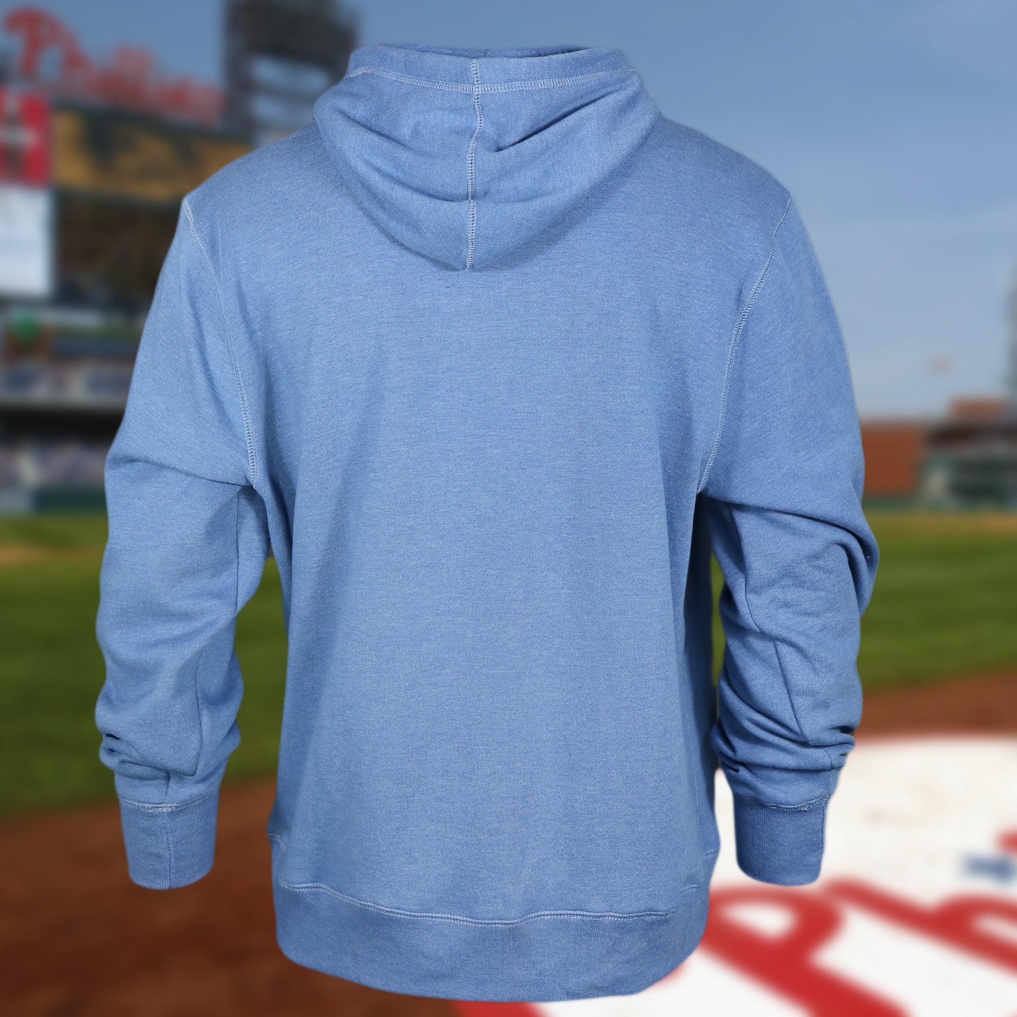 Distressed Philadelphia Phillies Wordmark Pull Over Hoodie With Phillies Logo | Cadet Blue Pullover Hoodie