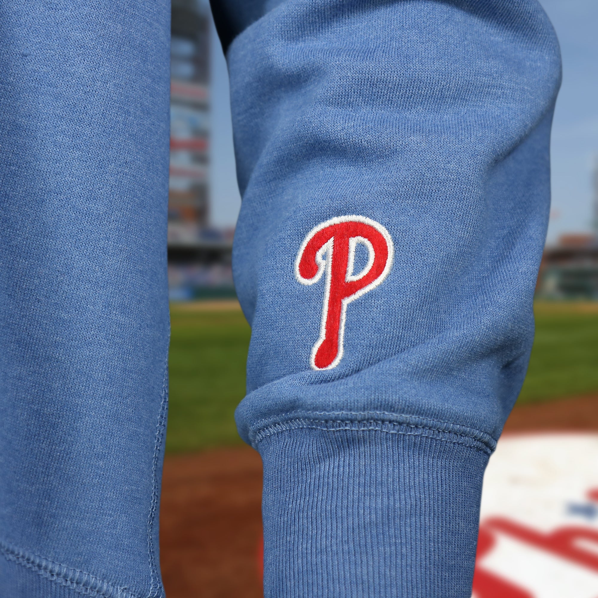 Distressed Philadelphia Phillies Wordmark Pull Over Hoodie With Phillies Logo | Cadet Blue Pullover Hoodie