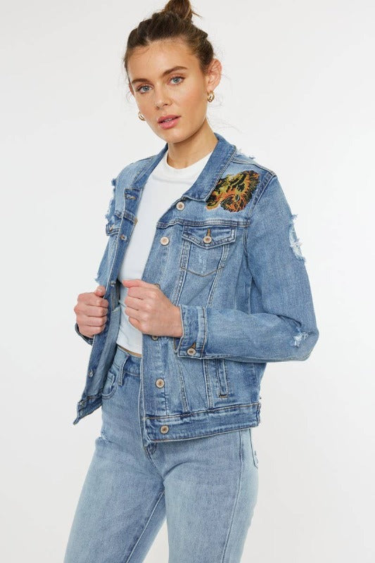 Embroidered Tiger Distressed Denim Jacket