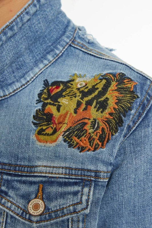 Embroidered Tiger Distressed Denim Jacket