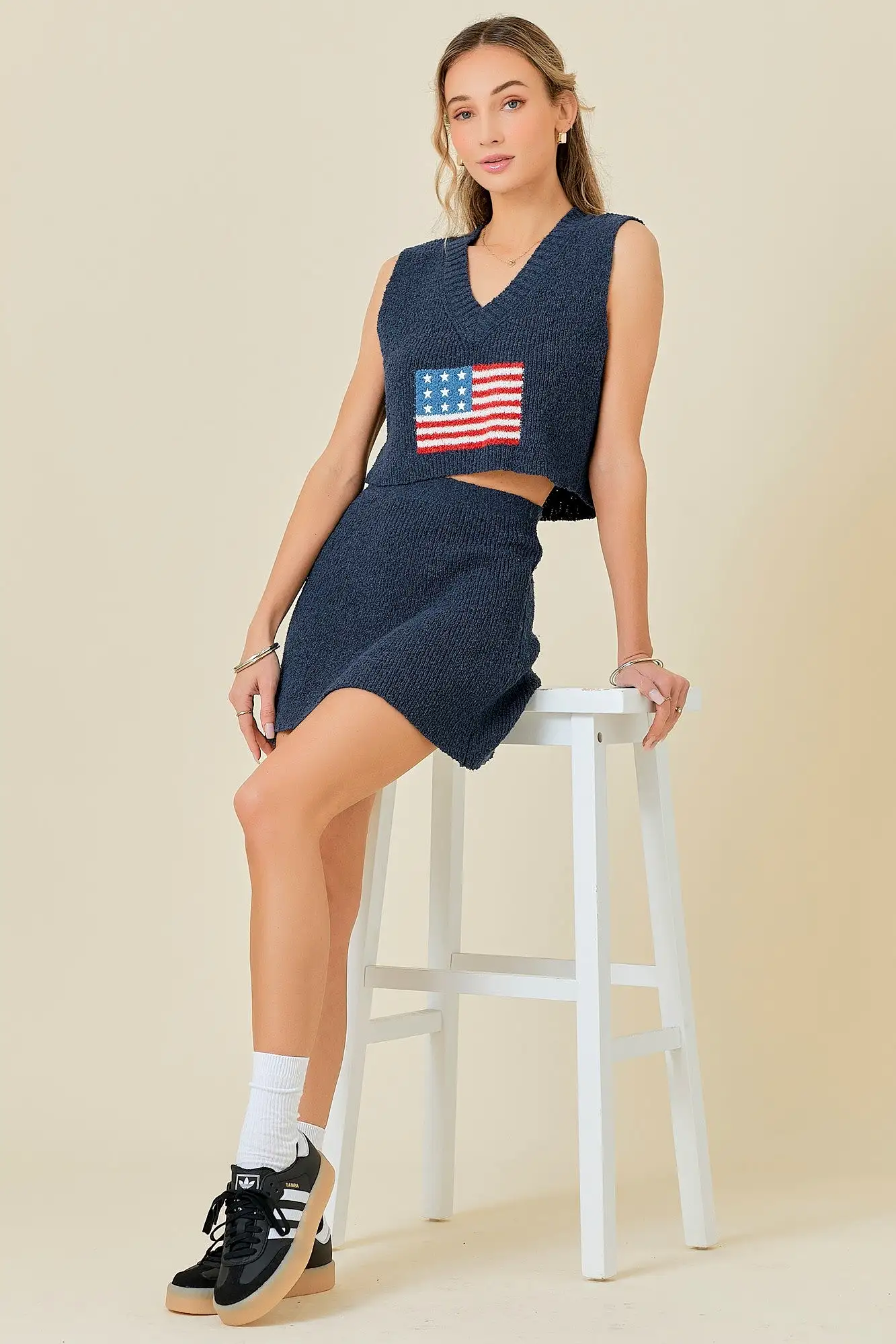 Flag Print Cropped Top And Mini Skirt Sweater Set