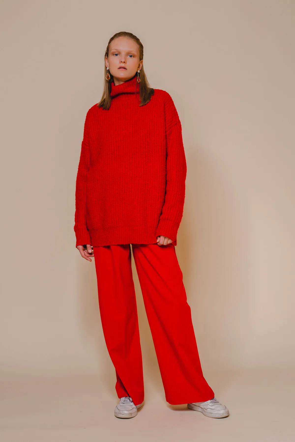 Funnel Neck Pullover Sweater - red