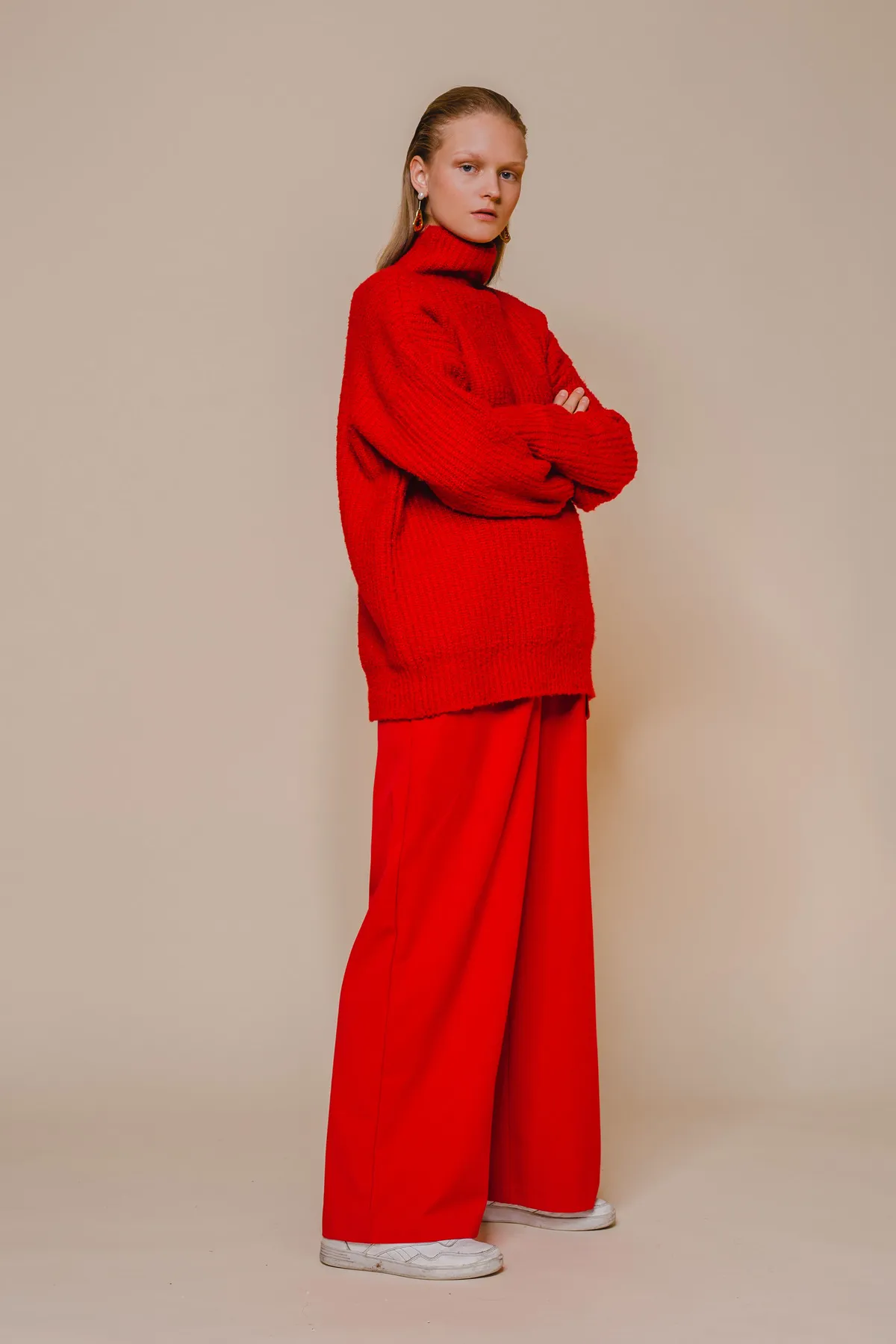 Funnel Neck Pullover Sweater - red