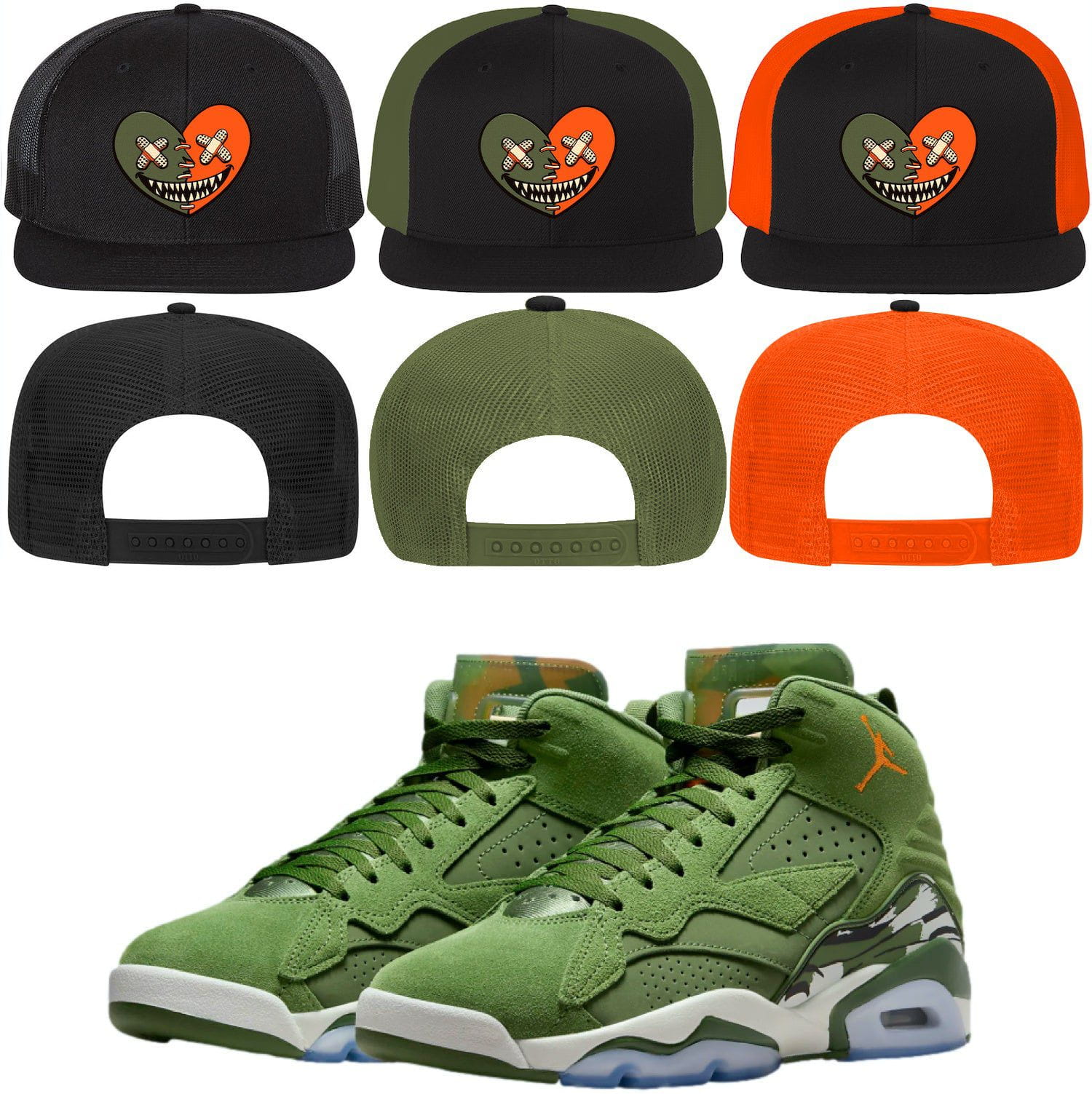 Jordan MVP Sky J Olive Flat Brim Trucker Snapback Hat to Match : CELADON HEART BAWS