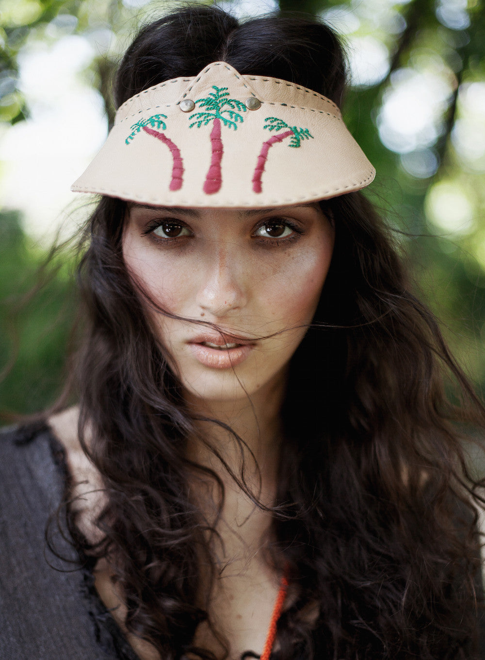 Leather Cap in Beige with Palm Tree Embroidery