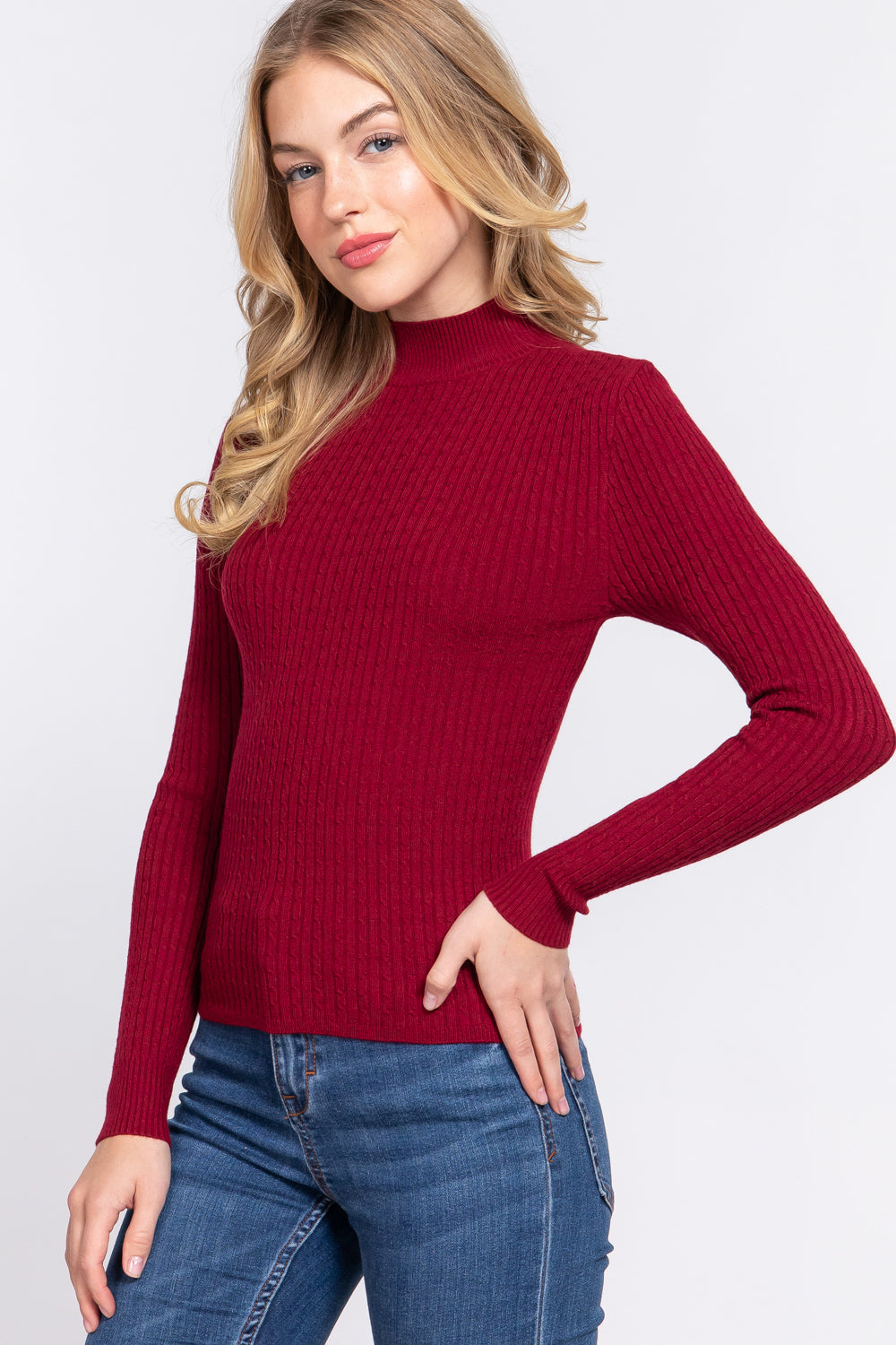 Long Slv Mock Neck Rib Sweater