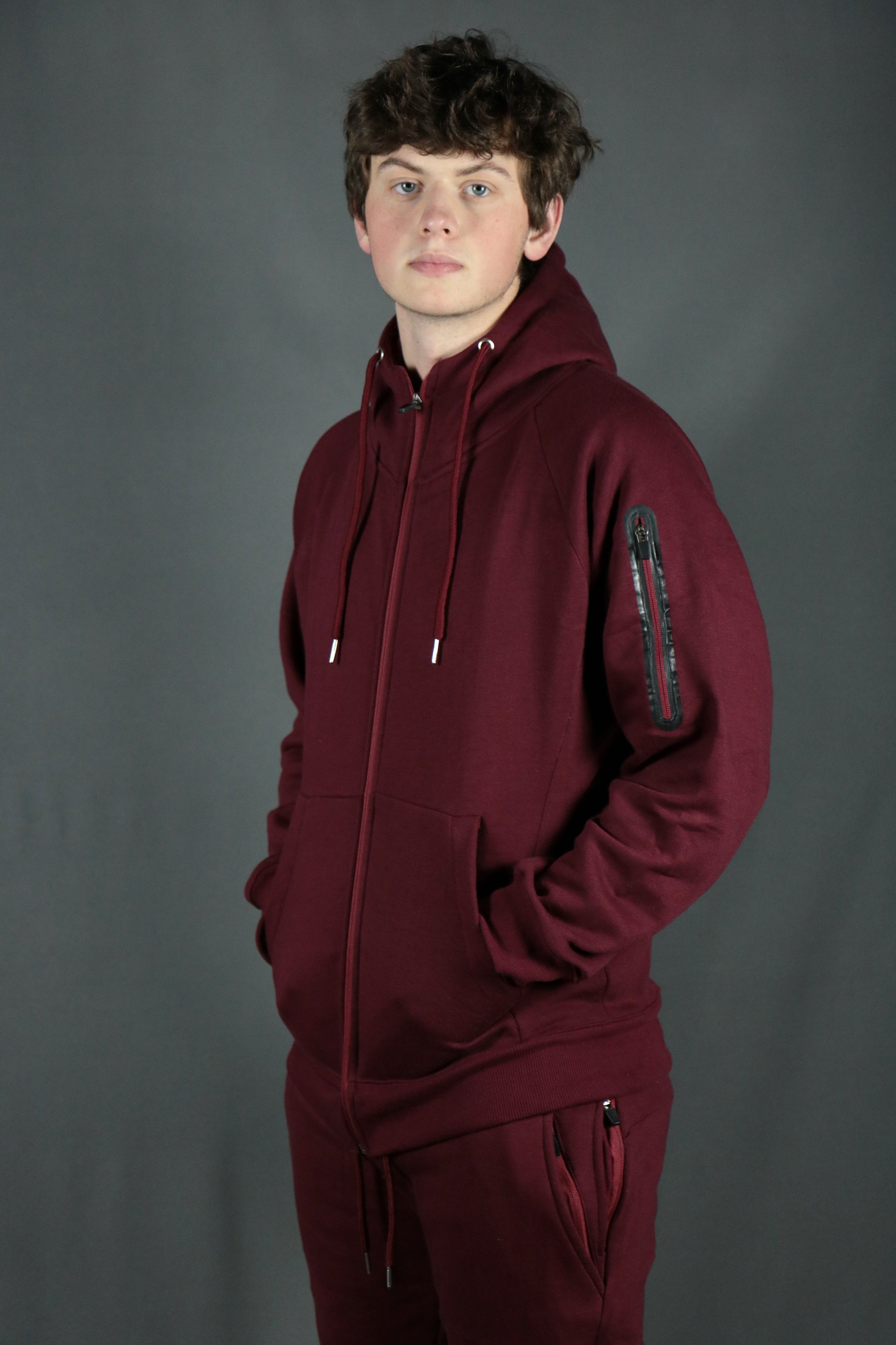 Maroon Unbasic Fleece Stash Pocket Sunset Park Tapered Zipper Hoodie | Fleece Dark Red Hoodie