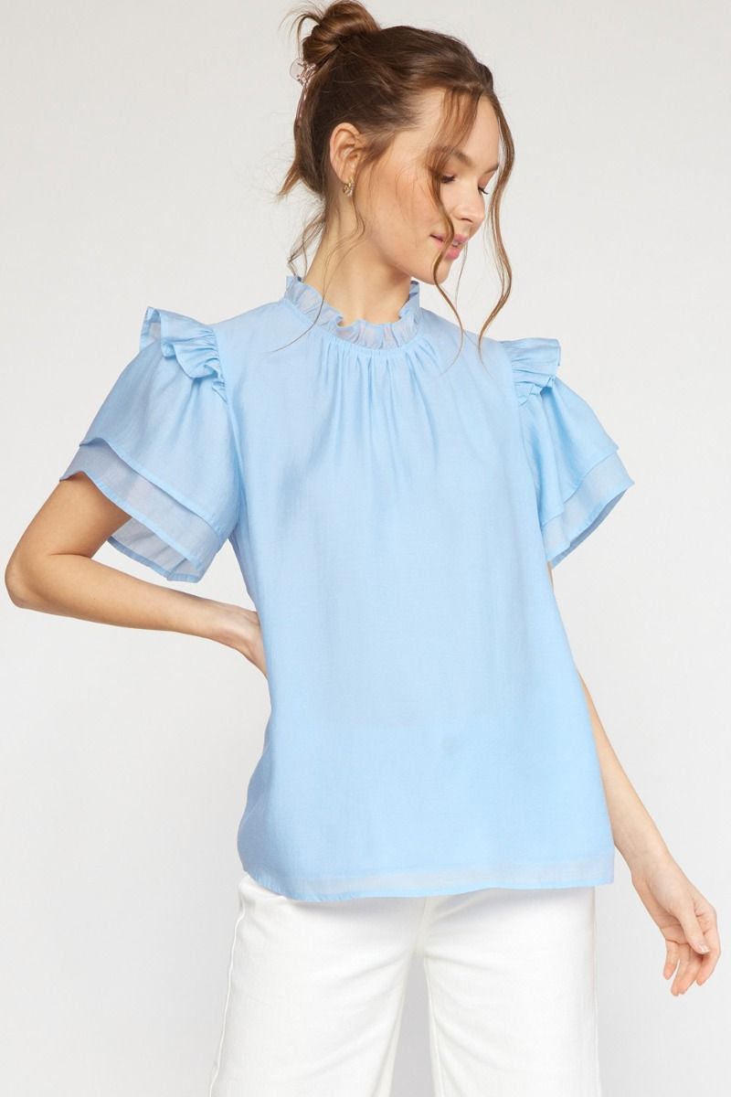 Mock Neck Ruffle Sleeve Top - Blue