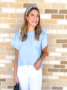 Mock Neck Ruffle Sleeve Top - Blue