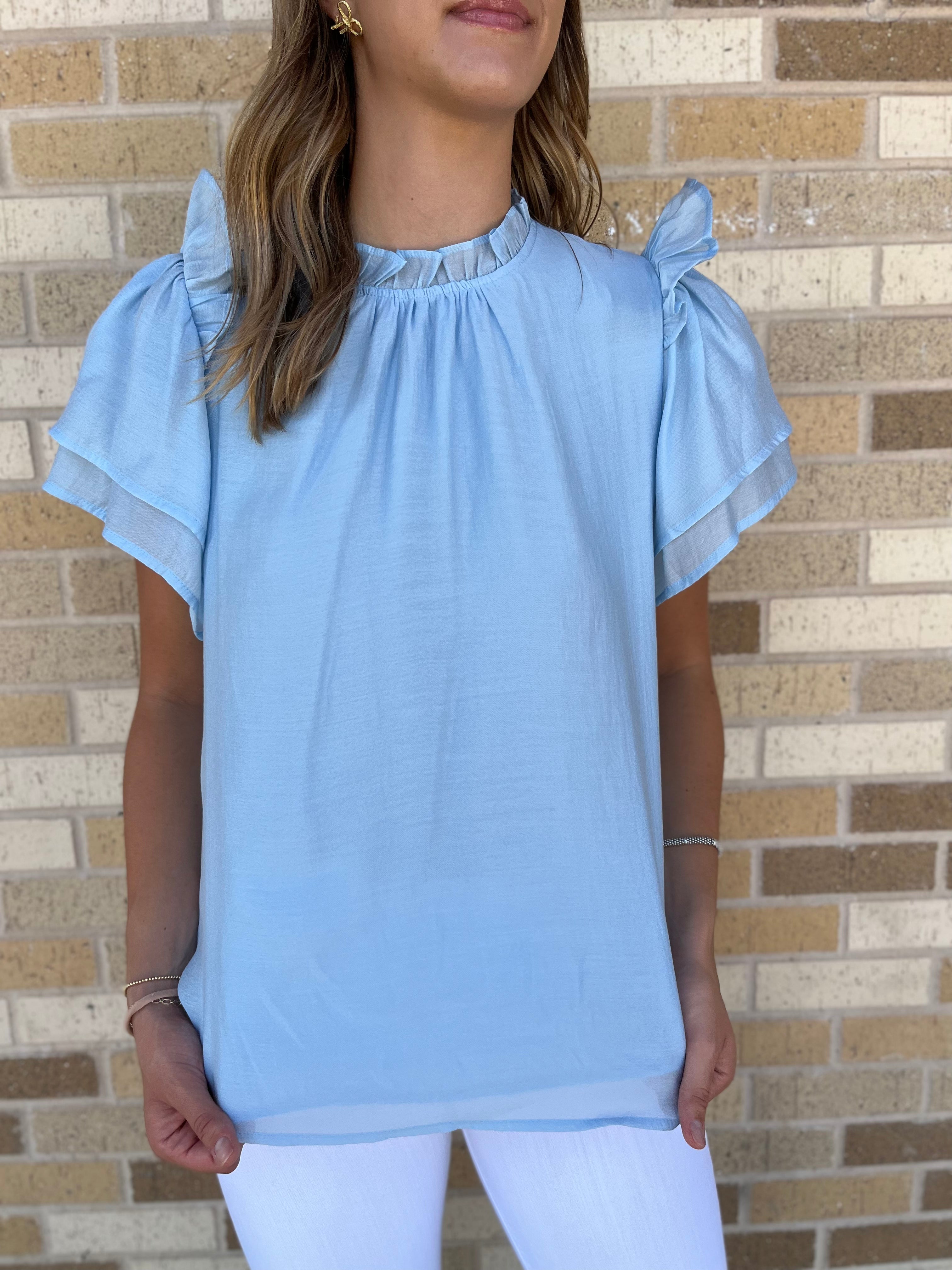 Mock Neck Ruffle Sleeve Top - Blue