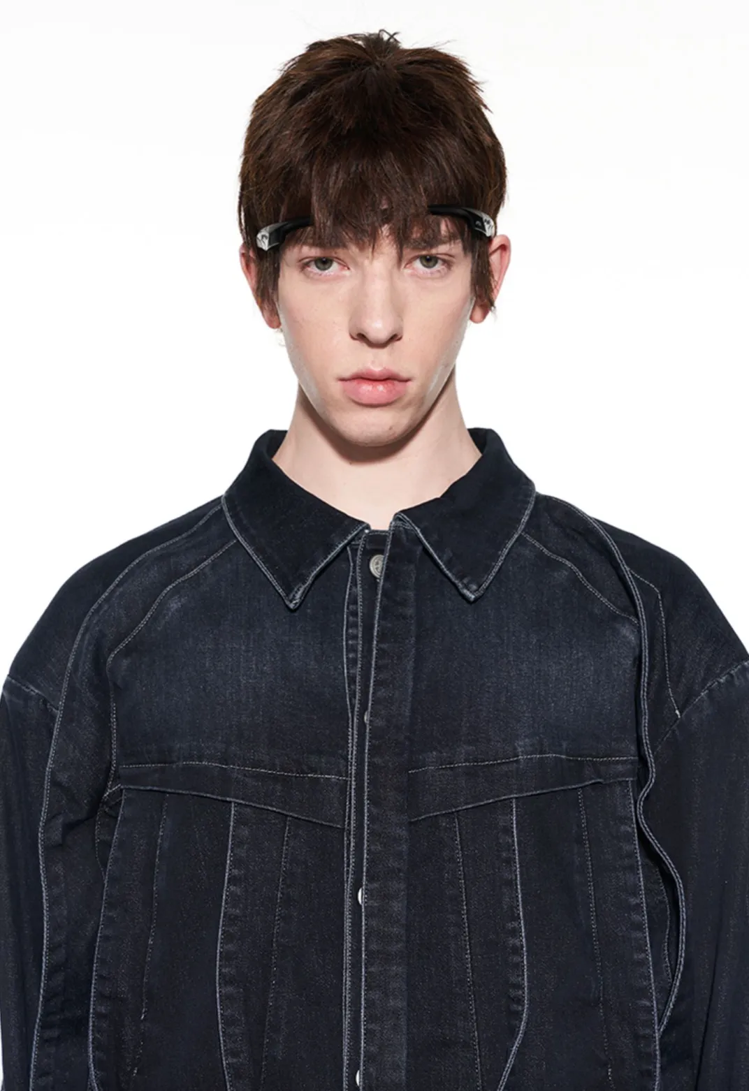 MULTI-LAYERED PANELS DENIM JACKET - BLACK