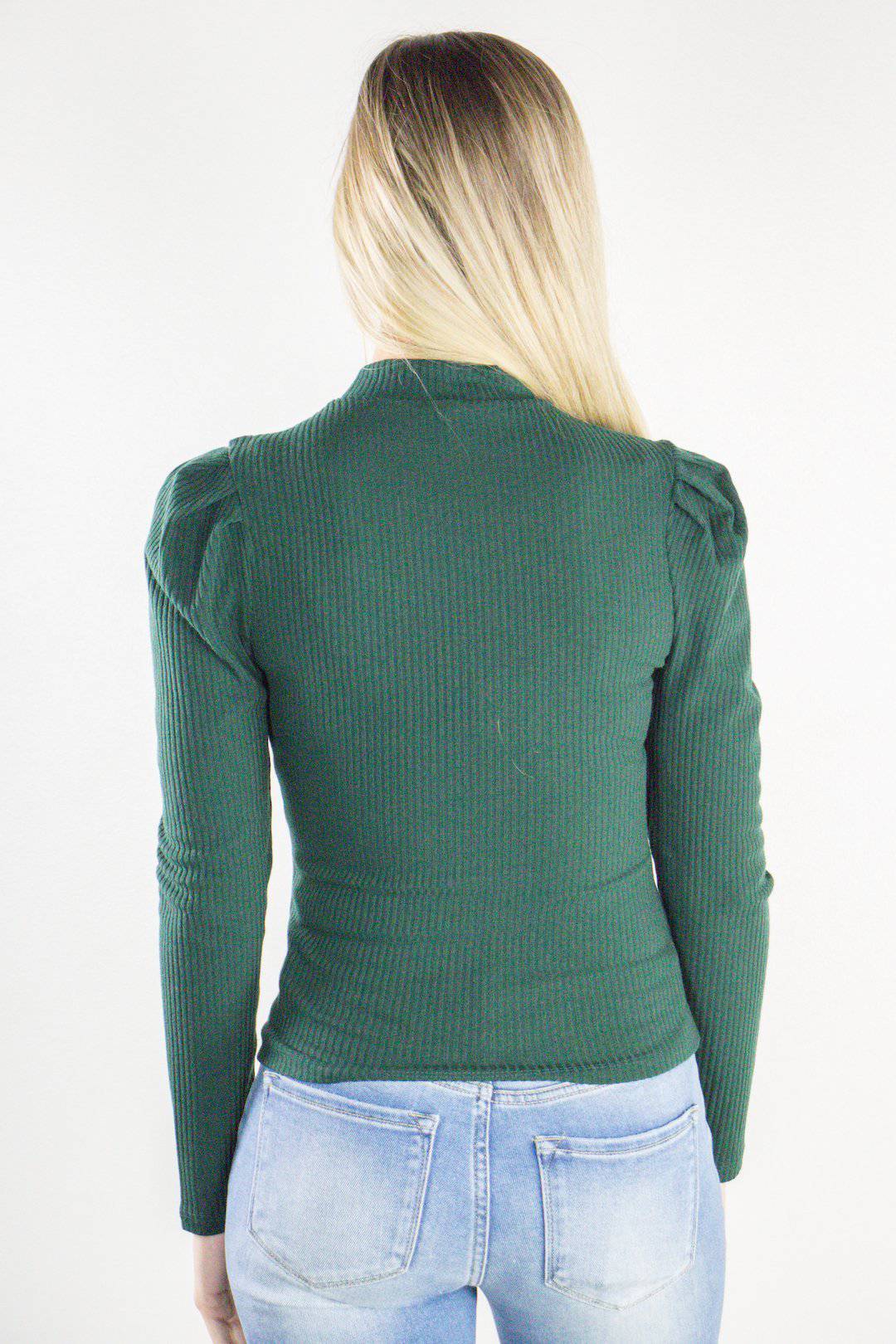 Olive Puff Sleeve Mock Neck Ribbed Top