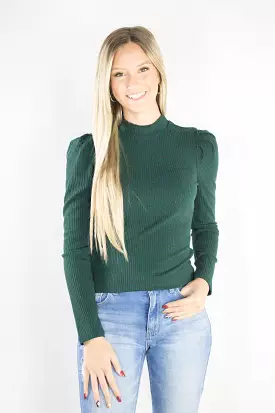 Olive Puff Sleeve Mock Neck Ribbed Top