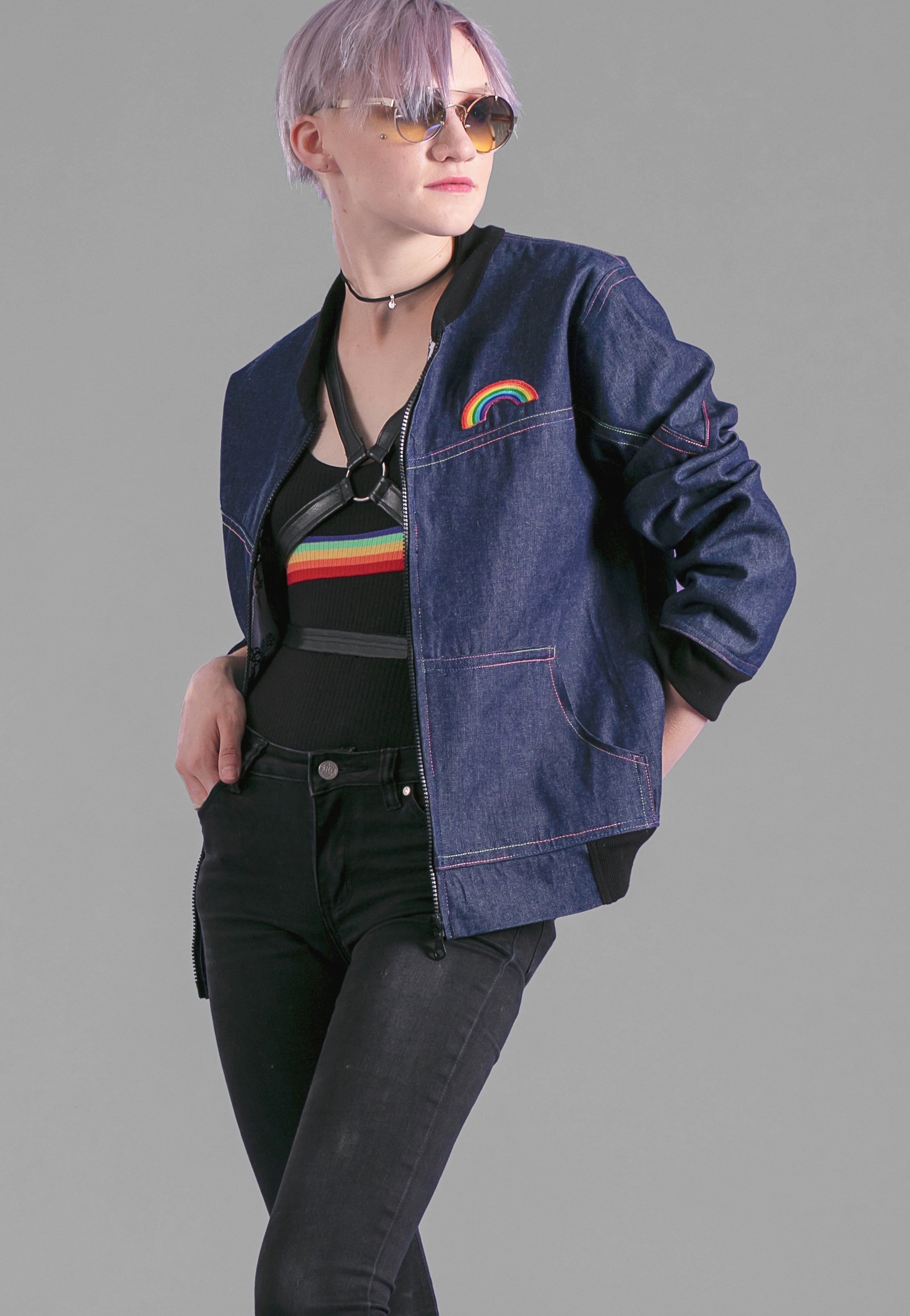 Over the rainbow dark denim bomber jacket | Unisex