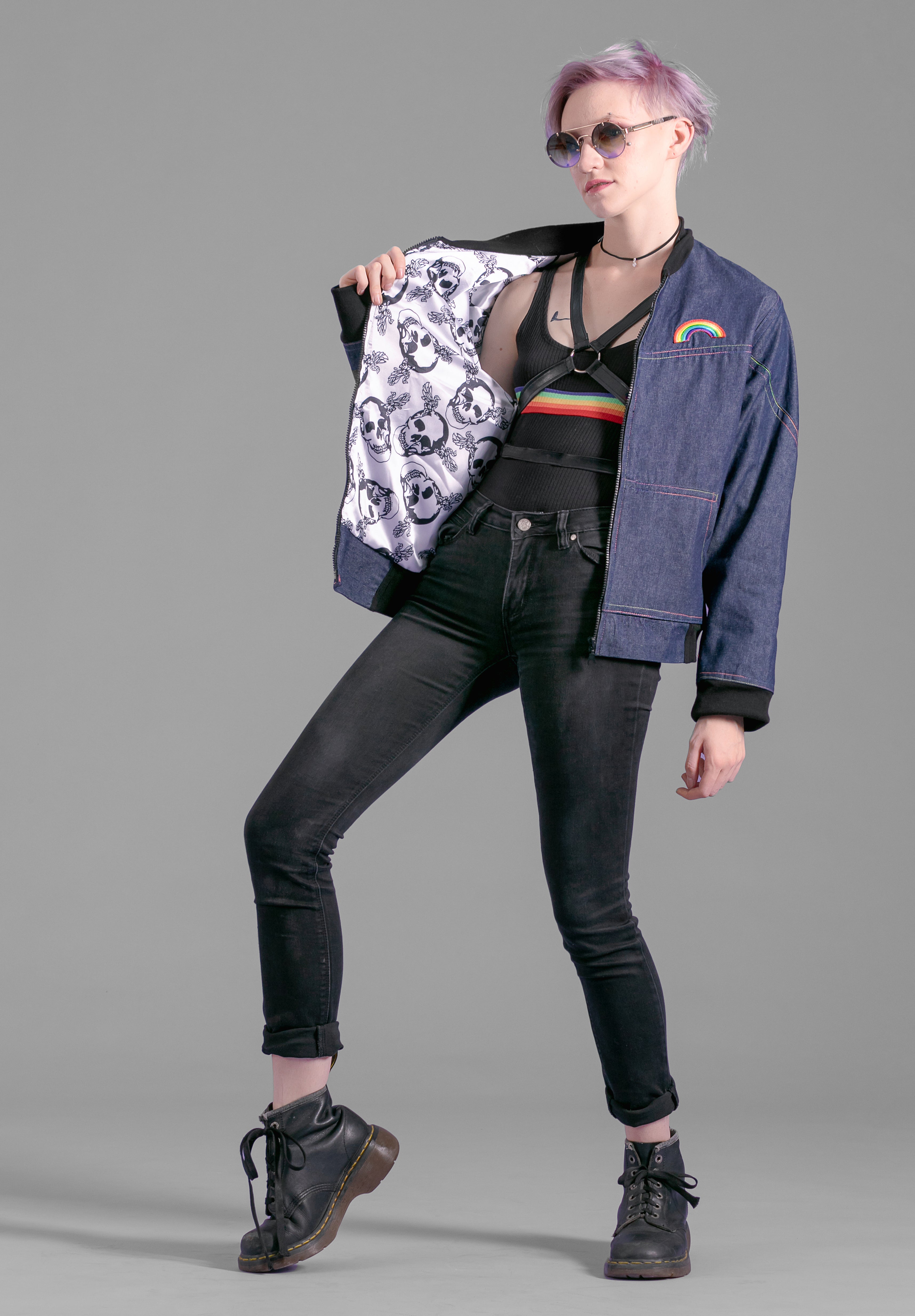 Over the rainbow dark denim bomber jacket | Unisex