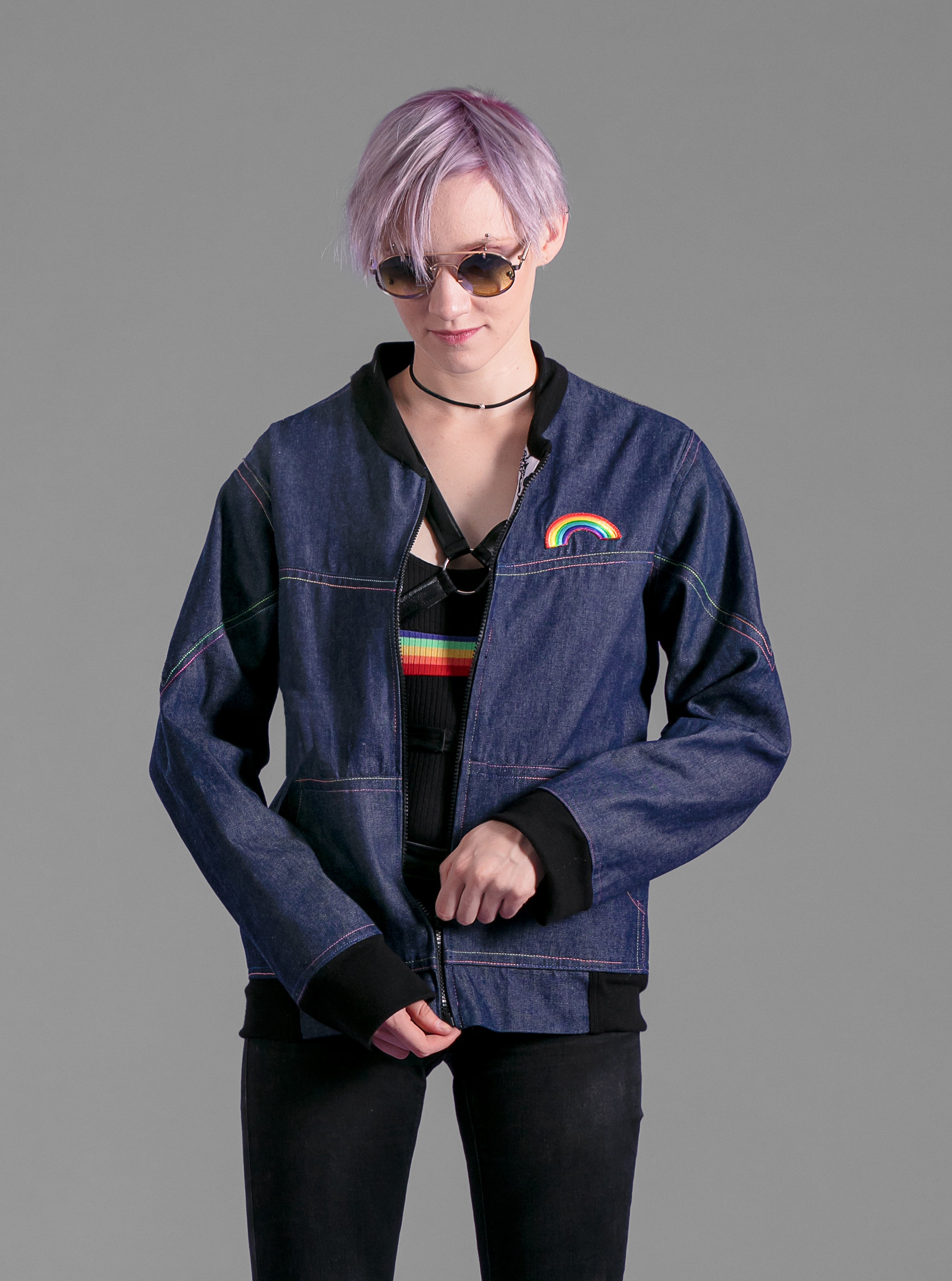 Over the rainbow dark denim bomber jacket | Unisex